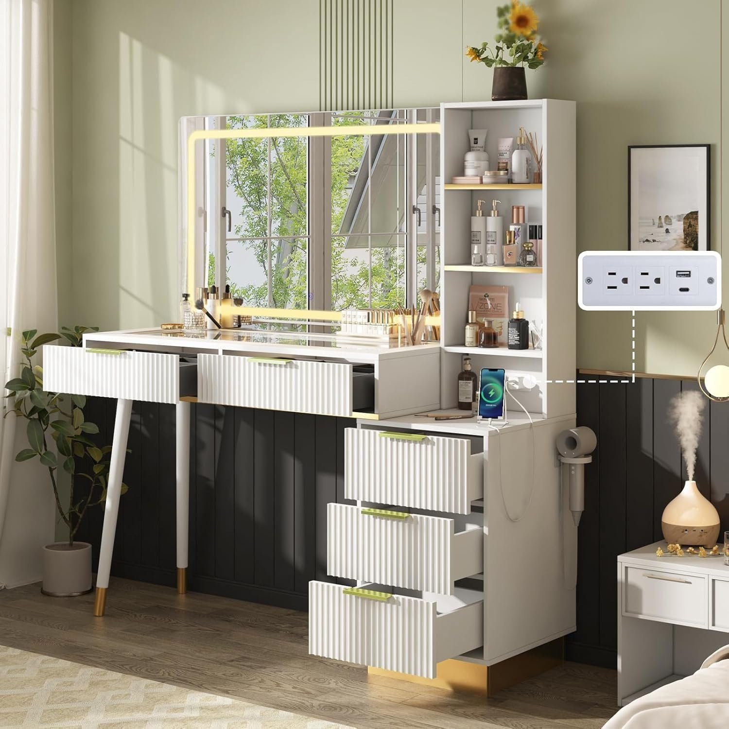 48" Vanity Desk with 35" Large Lighted Mirror, Big Modern Makeup Vanity Table with 5 Drawers - White