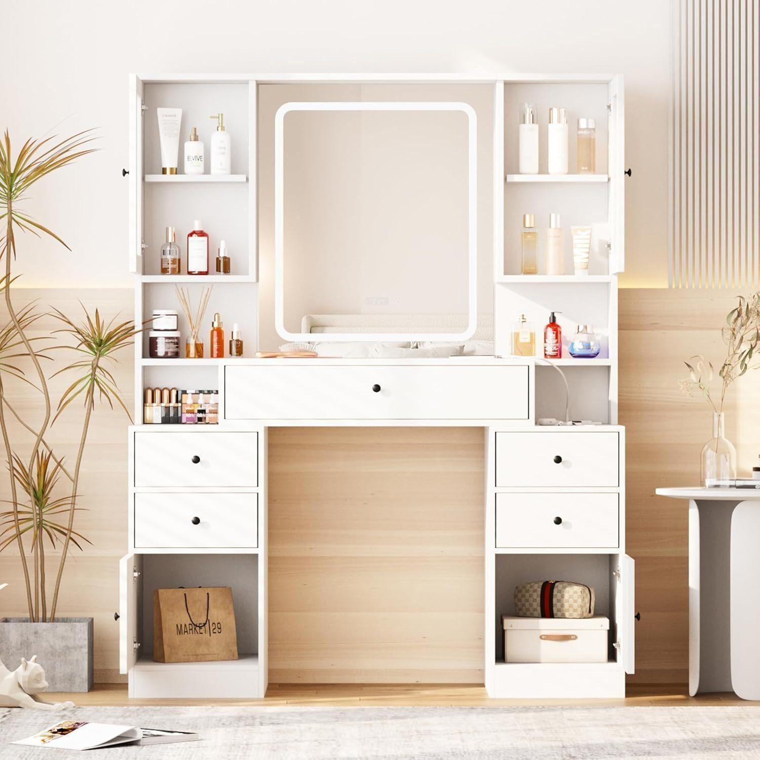Vanity Desk with Mirror and Lights,White Makeup Vanity Table with Power Strip &amp; LED Lighted Mirror