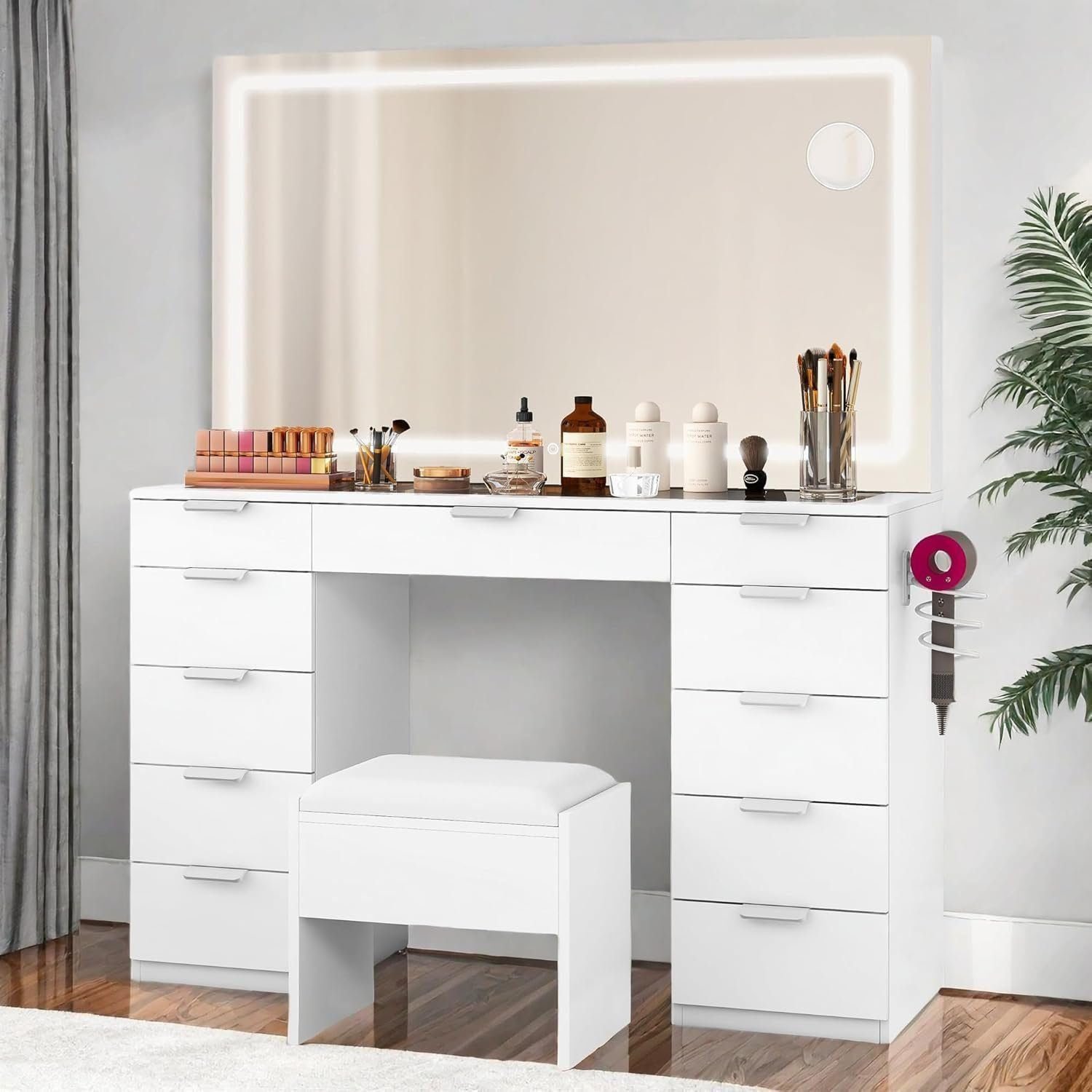 Makeup Vanity with Spacious LED-Lit Mirror Built-in Socket, Vanity Table with 11 Compartments and Magnifier - White, LED Strip with Glass Top