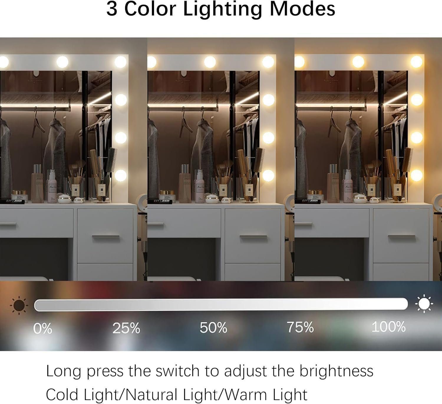 43'' W Vanity Desk with Power Outlet, Makeup Vanity with Lighted Mirror and 7 Drawers, 3 Colors Lighting Modes Vanity