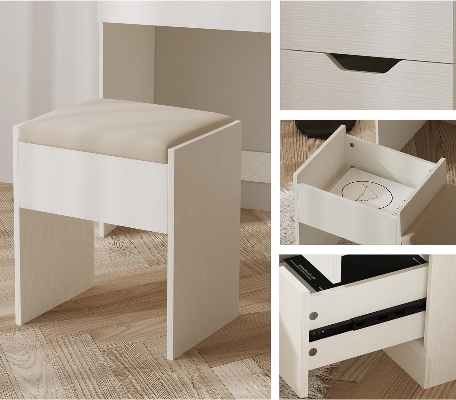 Vanity Desk with LED Lights Mirror &amp; Power Outlet, 3 Lighting Colors Vanity Desk with 5 Drawers, Makeup Vanity Set and Cushioned Stool