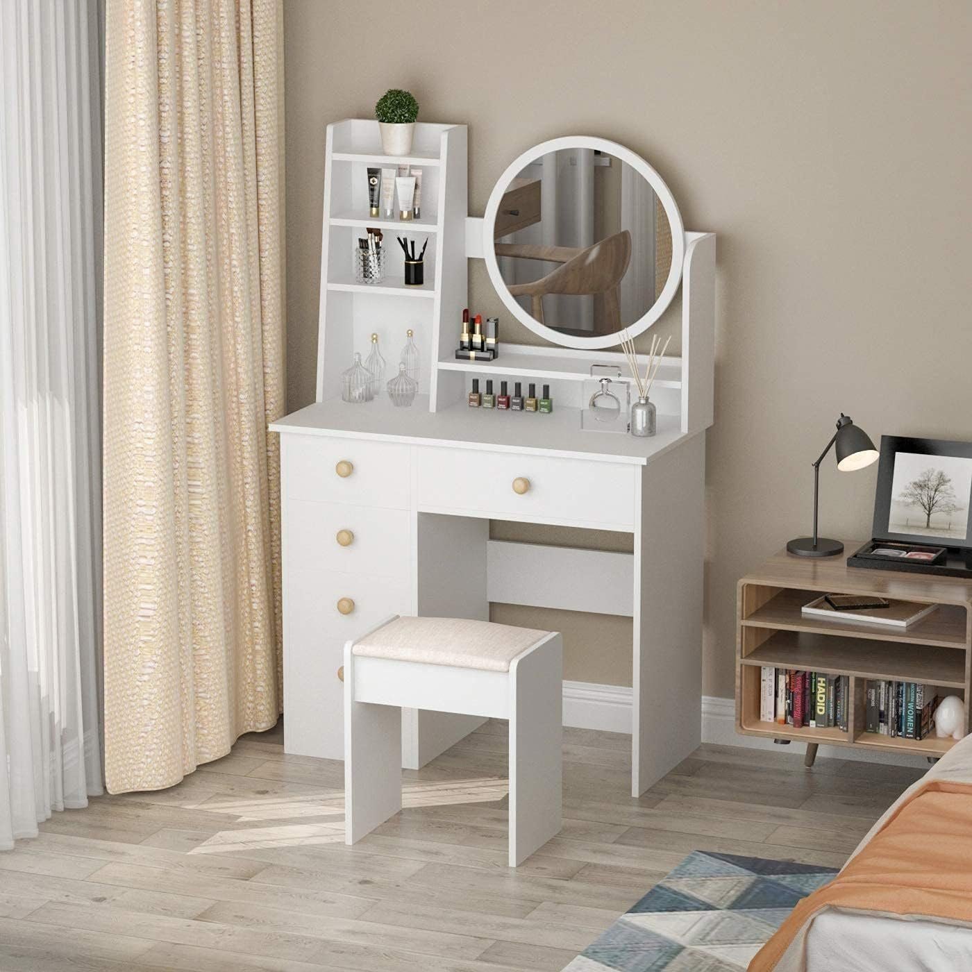 Vanity Set with Rectangular Mirror, Makeup Vanity Dressing Table with 5 Drawers - White (No Light) Round Mirror