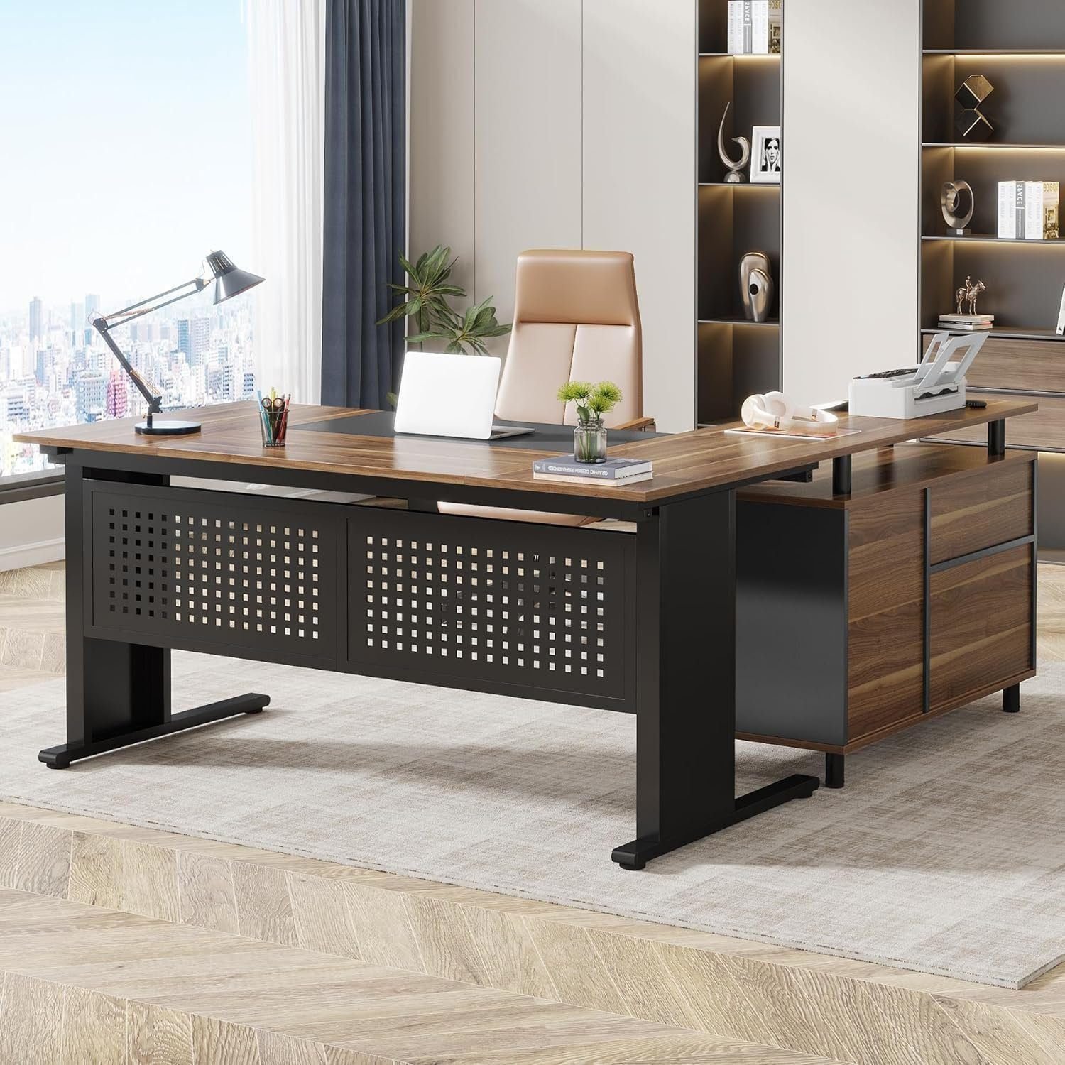 Tribesigns 63 Inch Executive Desk with File Cabinet, Large Office Desk L Shaped Computer Desk with Drawers and Storage Shelves - Rustic Brown