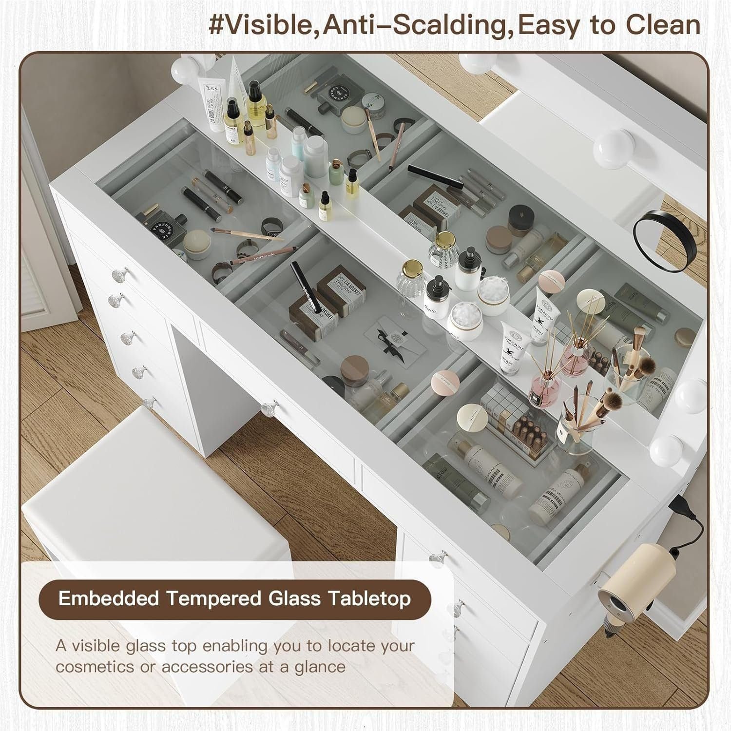 Vanity Desk &amp; Power Outl, Makeup Vanity with Mirror and 12 LED Lights, Makeup Table with 11 Drawers