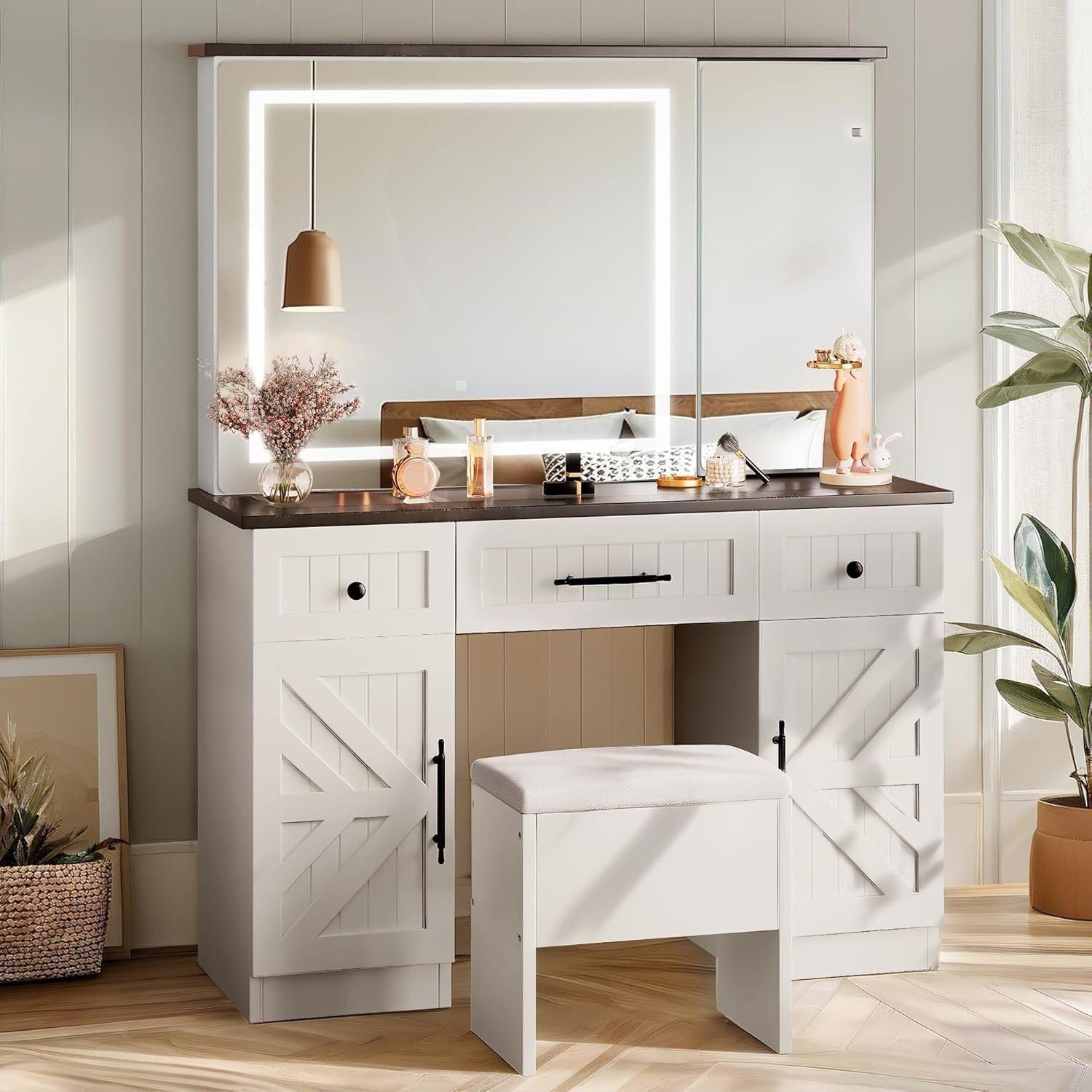 Farmhouse Vanity Desk with LED Lighted Sliding Mirror  Makeup Vanity Table with 4 Drawers Shelves - Off White, LED Strip with 3 Drawers