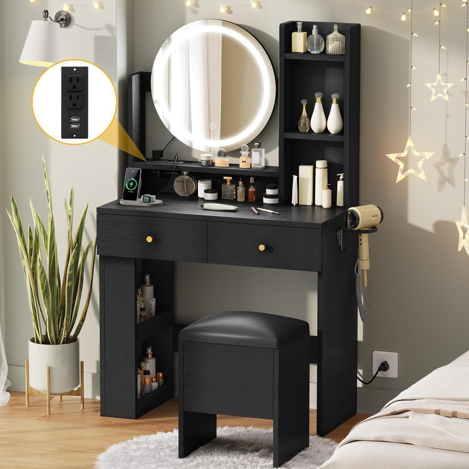 Makeup Vanity Desk with LED Lighted Mirror, White Vanity Set with Charger Station, Small Spaces Vanity Table - Black