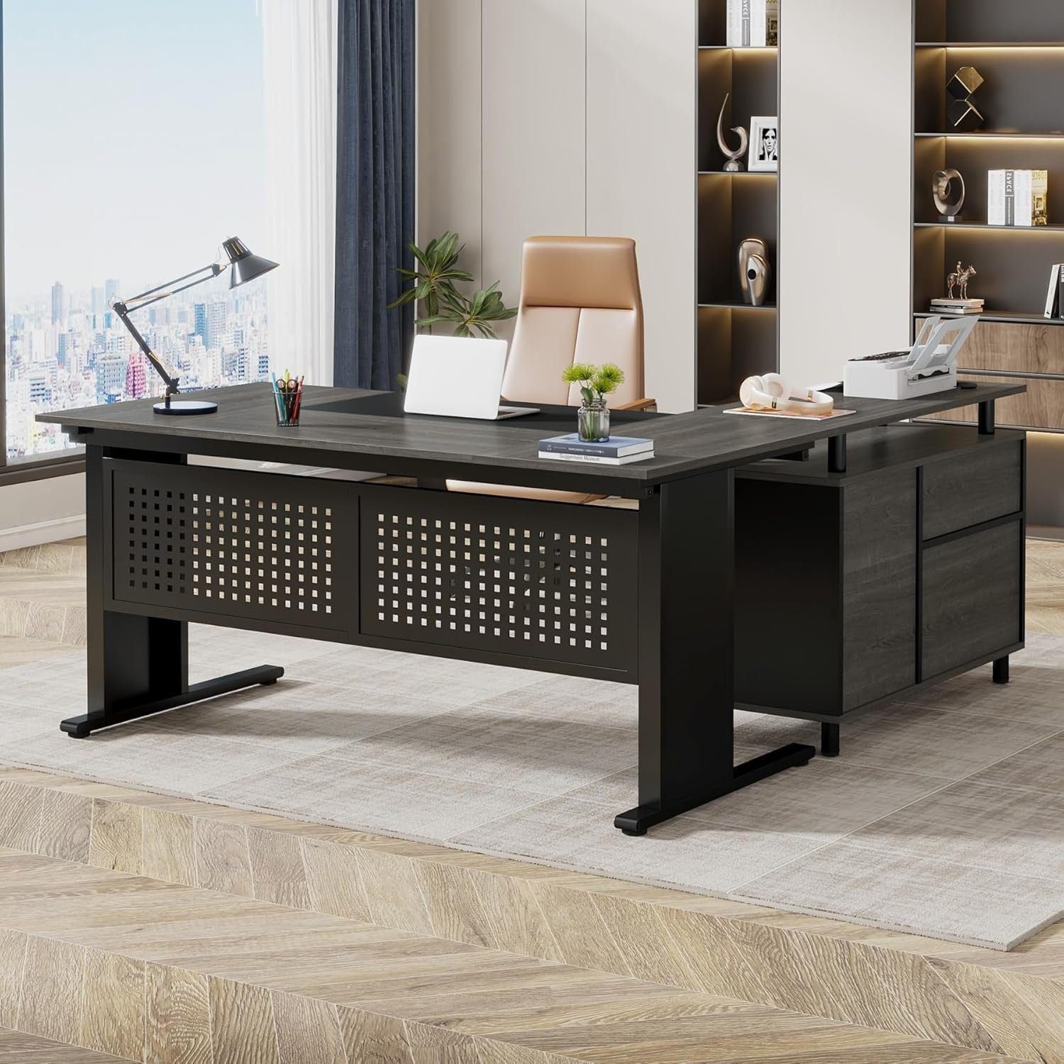 Tribesigns 63 Inch Executive Desk with File Cabinet, Large Office Desk L Shaped Computer Desk with Drawers and Storage Shelves - Grey