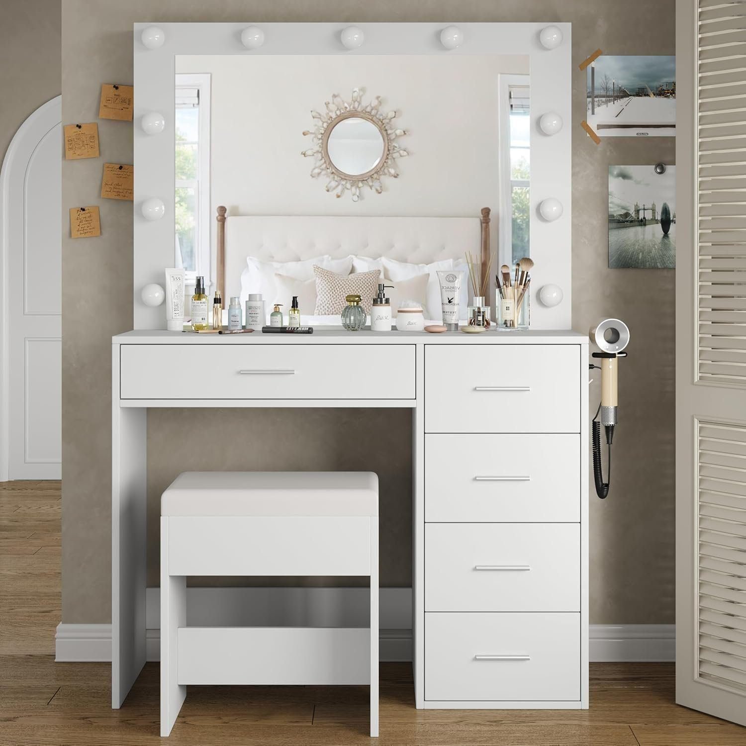 43'' W Vanity Desk with Power Outlet, Makeup Vanity with Lighted Mirror and 7 Drawers, 3 Colors Lighting Modes Vanity - White, 5 Drawers