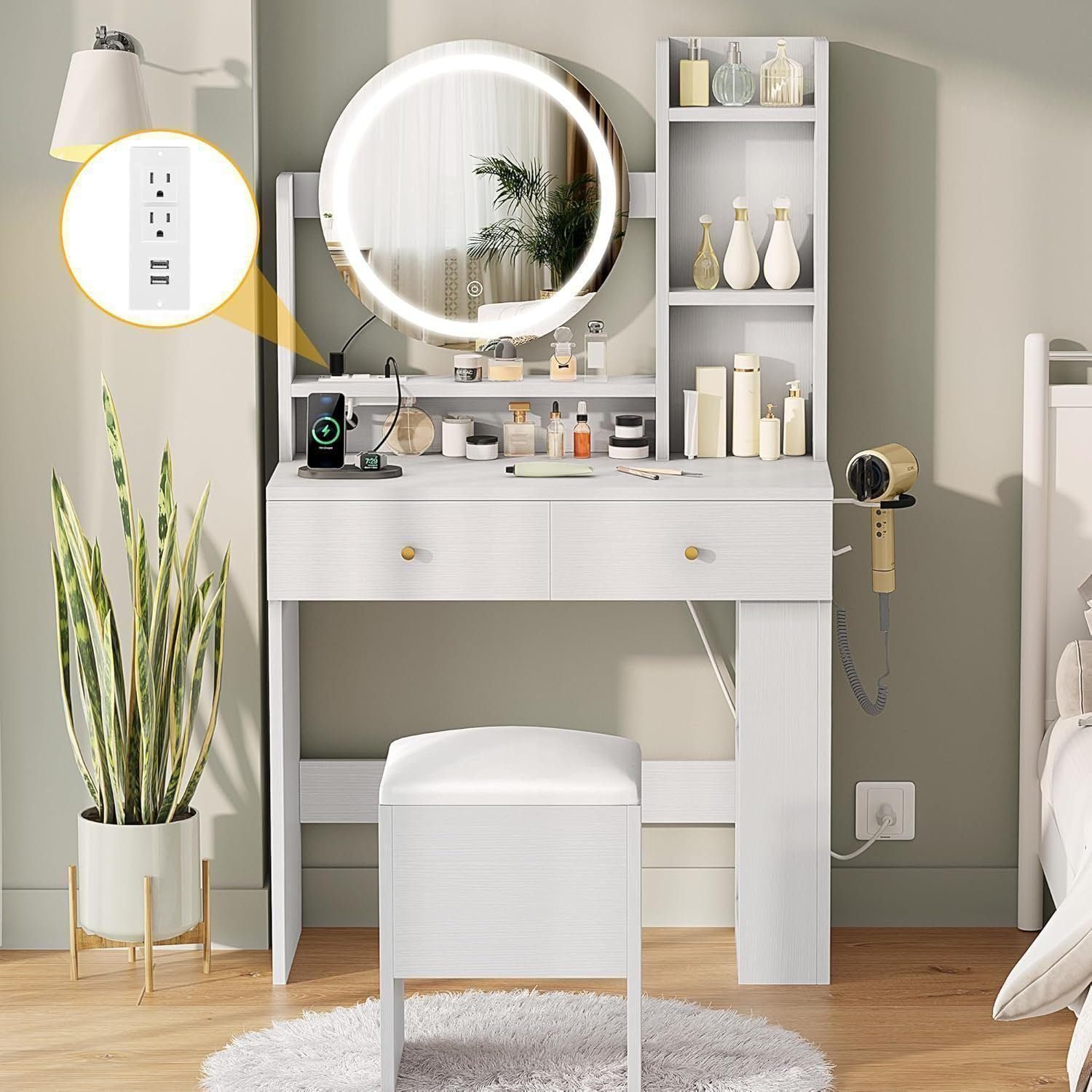 Makeup Vanity Desk with LED Lighted Mirror, White Vanity Set with Charger Station, Small Spaces Vanity Table - White