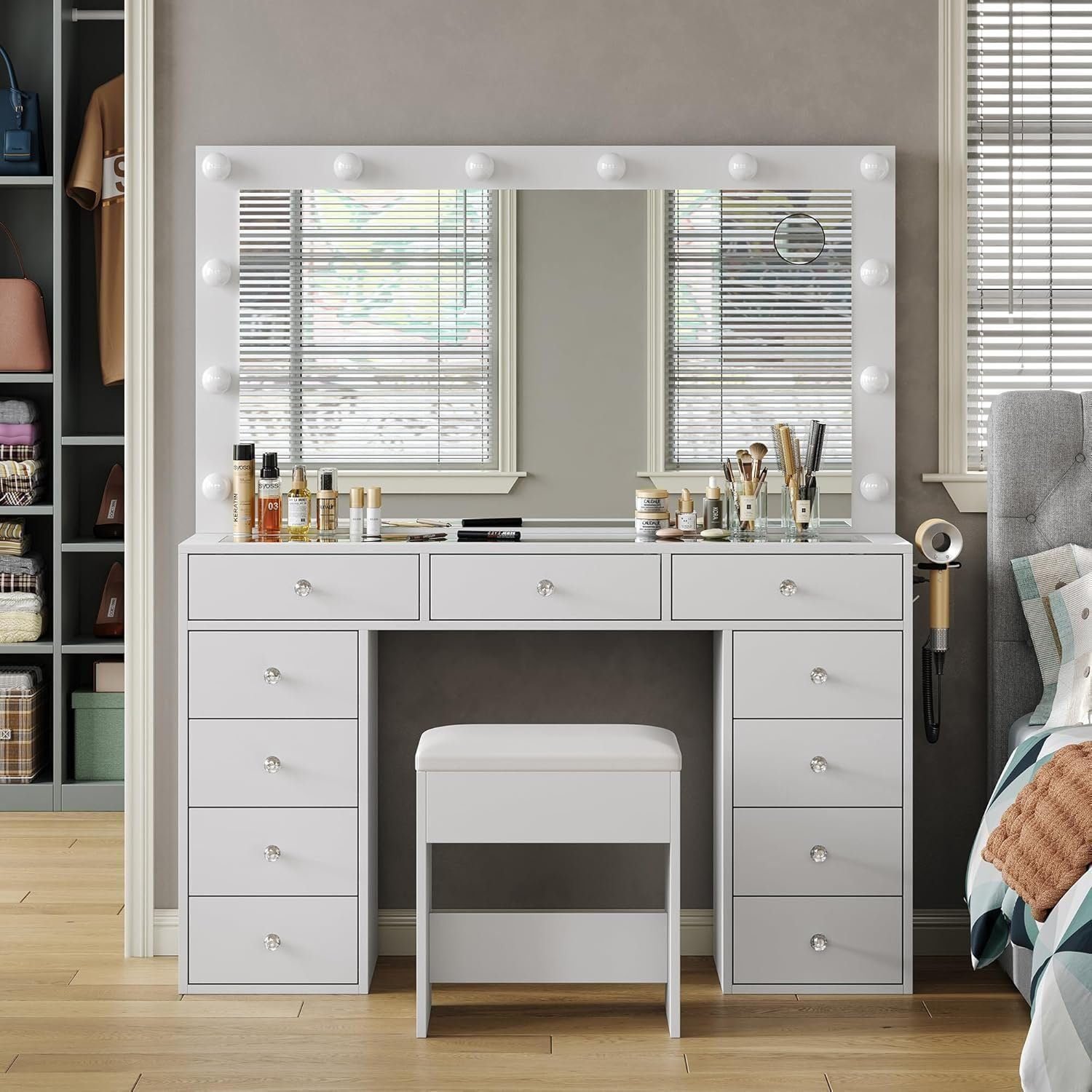 43'' W Vanity Desk with Power Outlet, Makeup Vanity with Lighted Mirror and 7 Drawers, 3 Colors Lighting Modes Vanity - White, 11 Drawers
