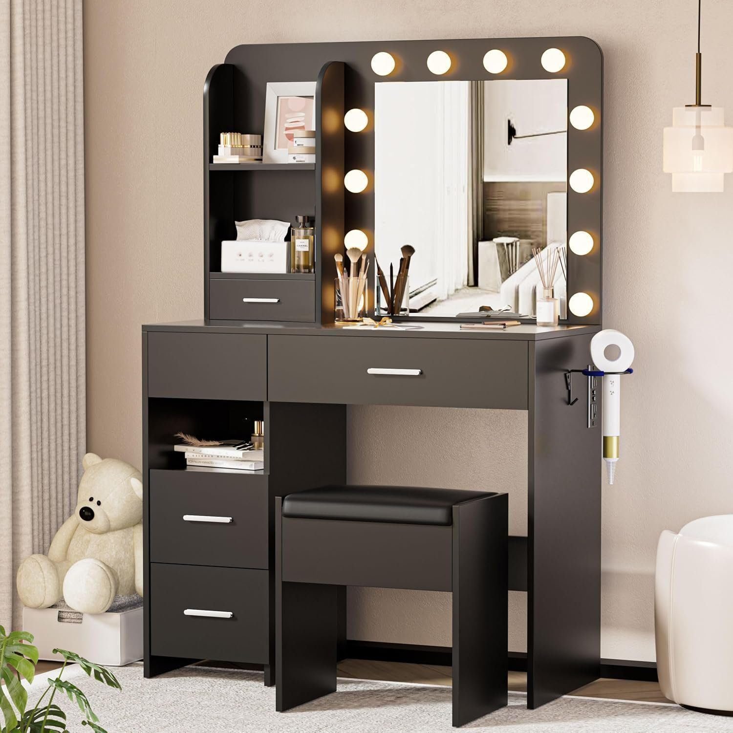 Vanity Desk with LED Lighted Mirror Makeup Vanity Desk with 5 Large Drawers and 3 Storage Shelves - Black