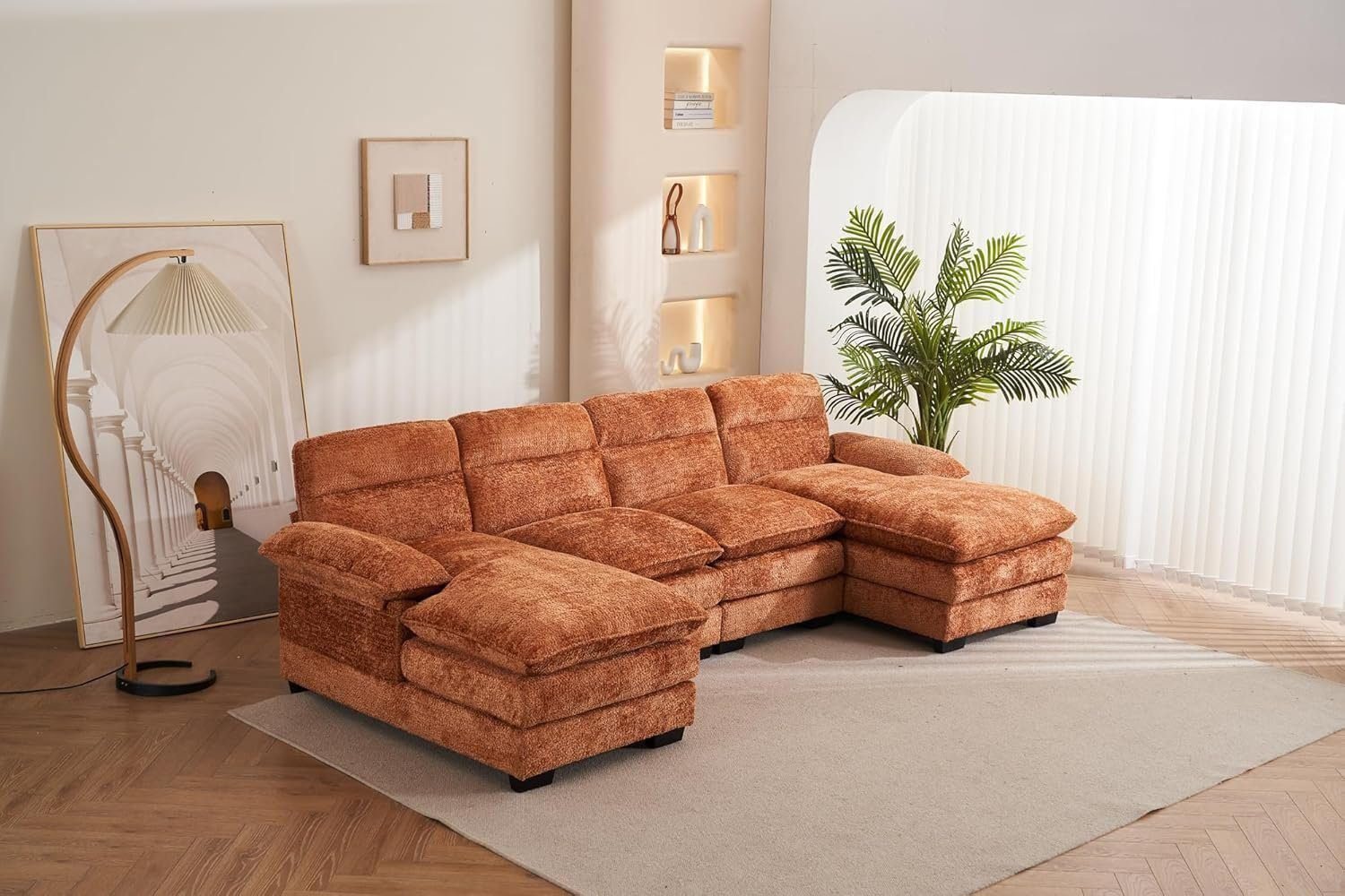 U Shaped Sectional Sofa,Modern Chenille Modular Sofa Sleeper with Double Cushions &amp; Chaise - Orange