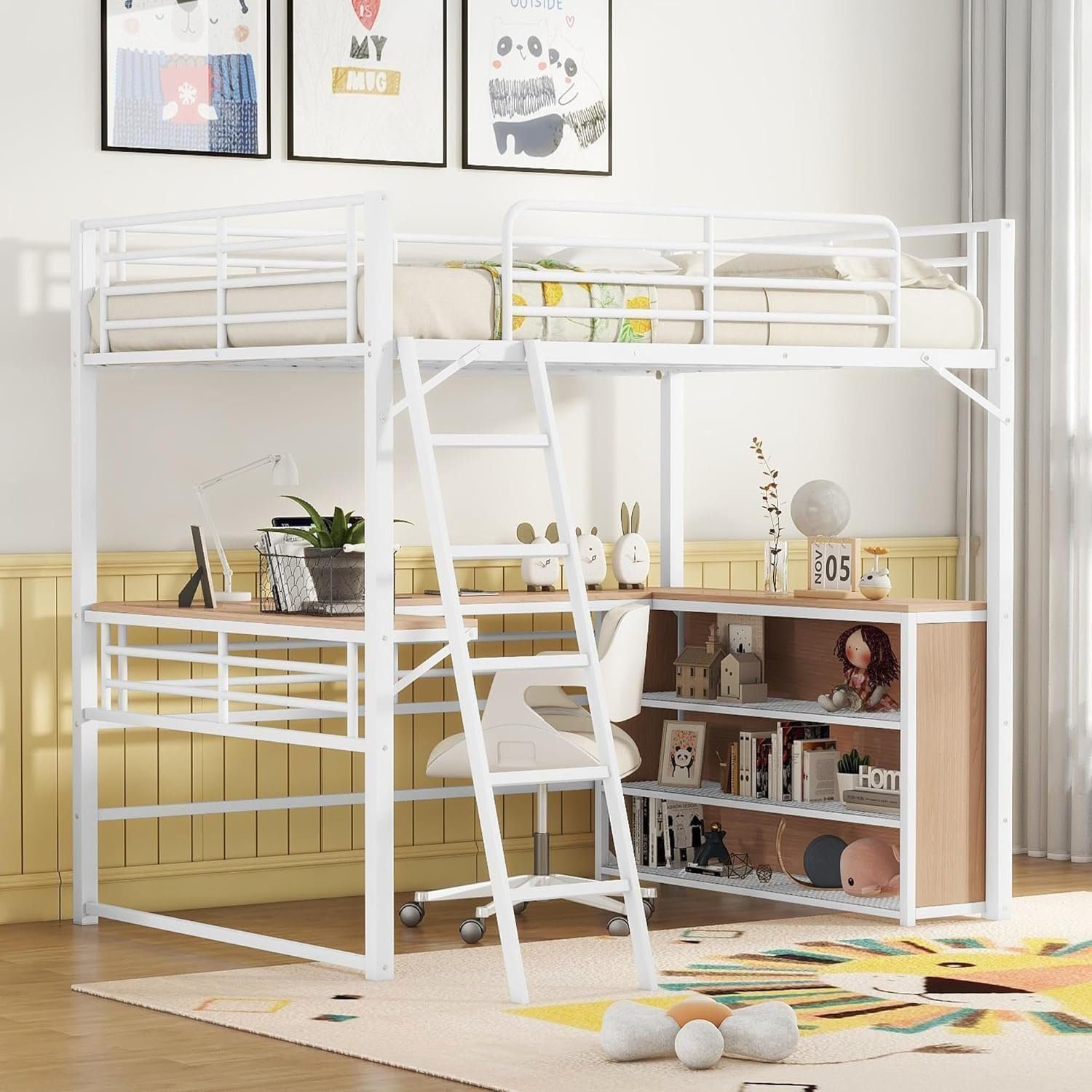 Metal Twin Size Loft Bed with Desk and Storage Drawers,LED Loft Bed Twin with USB Charging Station,Heavy Duty Loft Bed Frame - Full, White Shelves