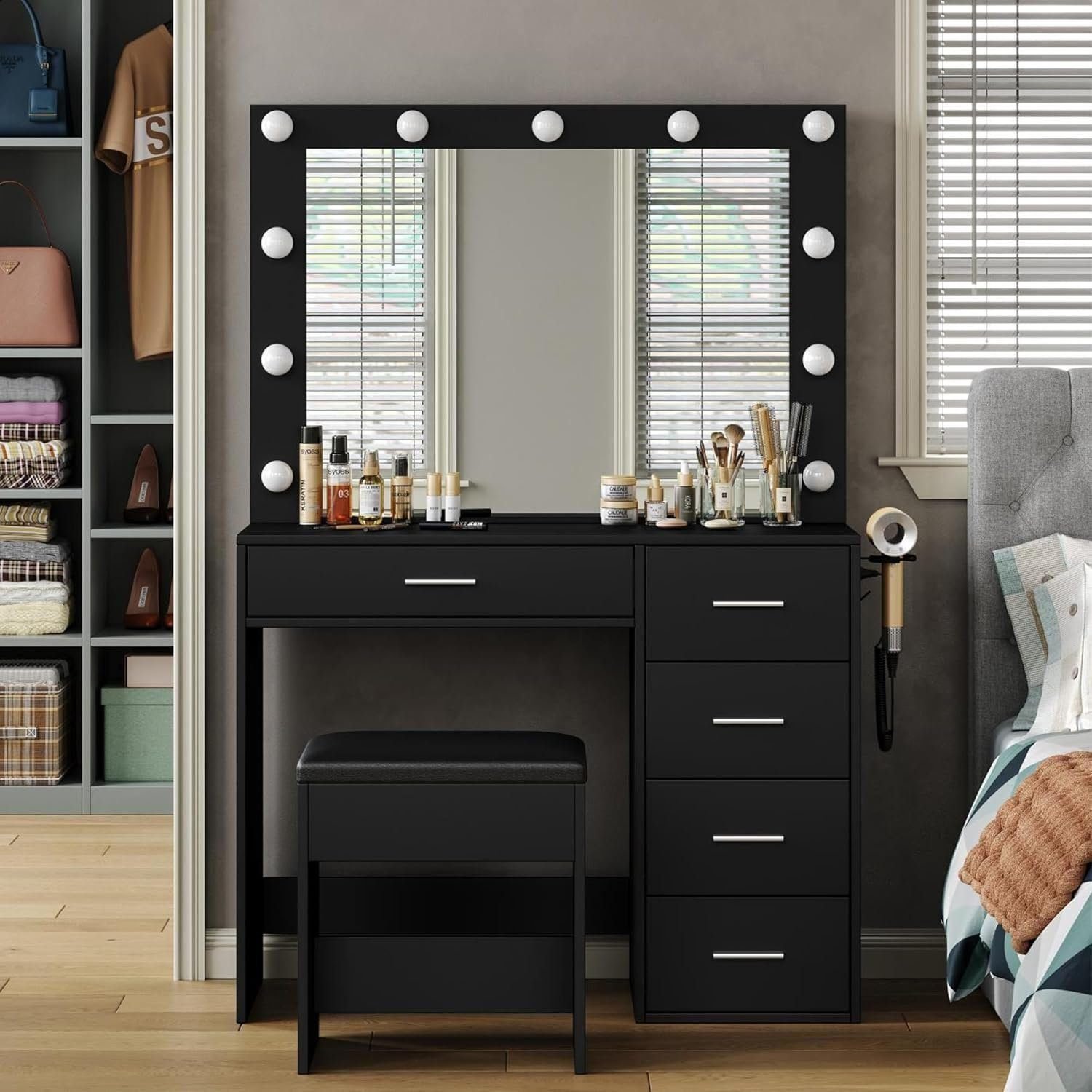 43'' W Vanity Desk with Power Outlet, Makeup Vanity with Lighted Mirror and 7 Drawers, 3 Colors Lighting Modes Vanity - Black, 5 Drawers
