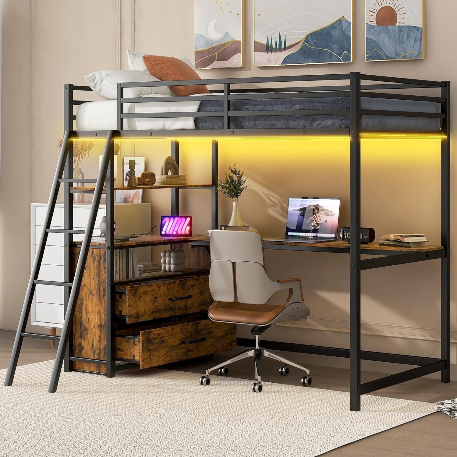 Metal Twin Size Loft Bed with Desk and Storage Drawers,LED Loft Bed Twin with USB Charging Station,Heavy Duty Loft Bed Frame - Twin, Black