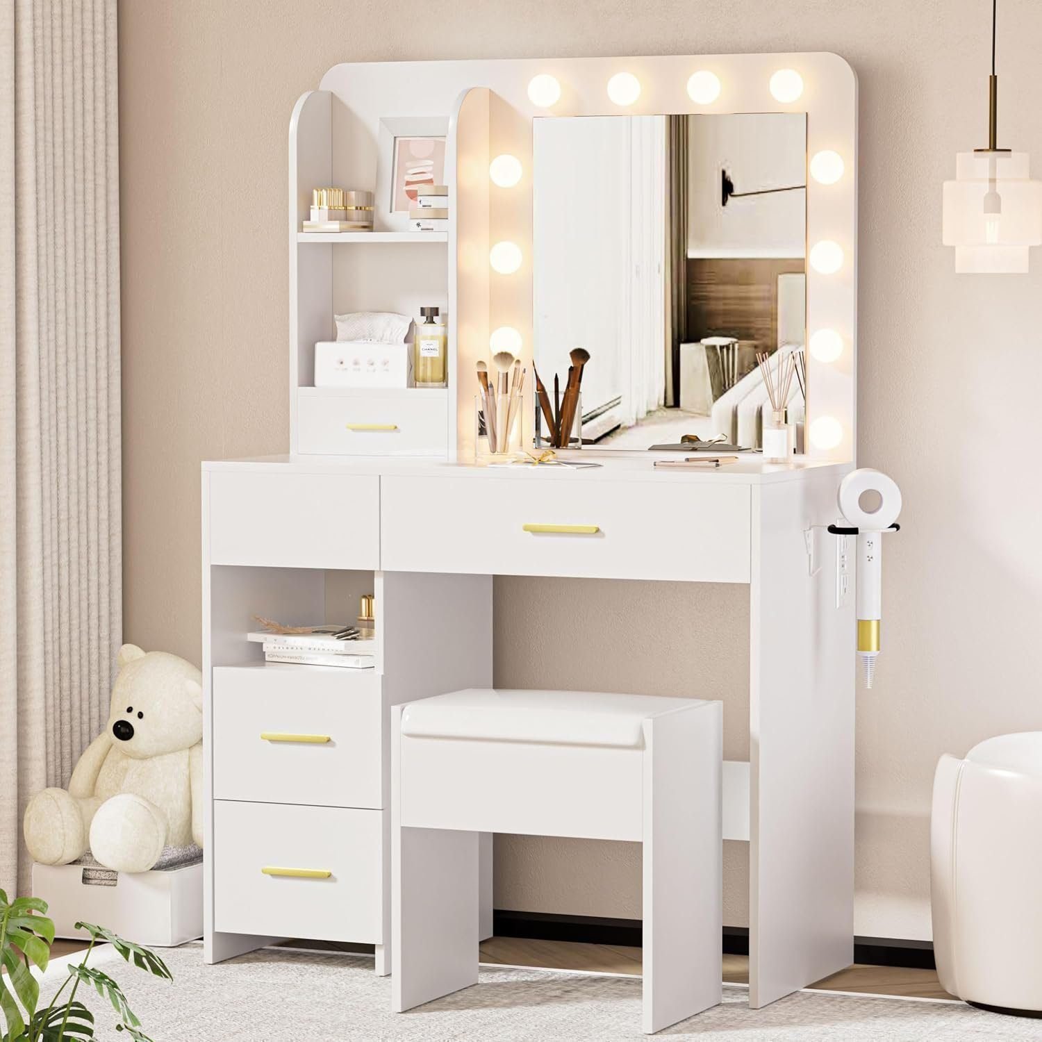 Vanity Desk with LED Lighted Mirror Makeup Vanity Desk with 5 Large Drawers and 3 Storage Shelves - White