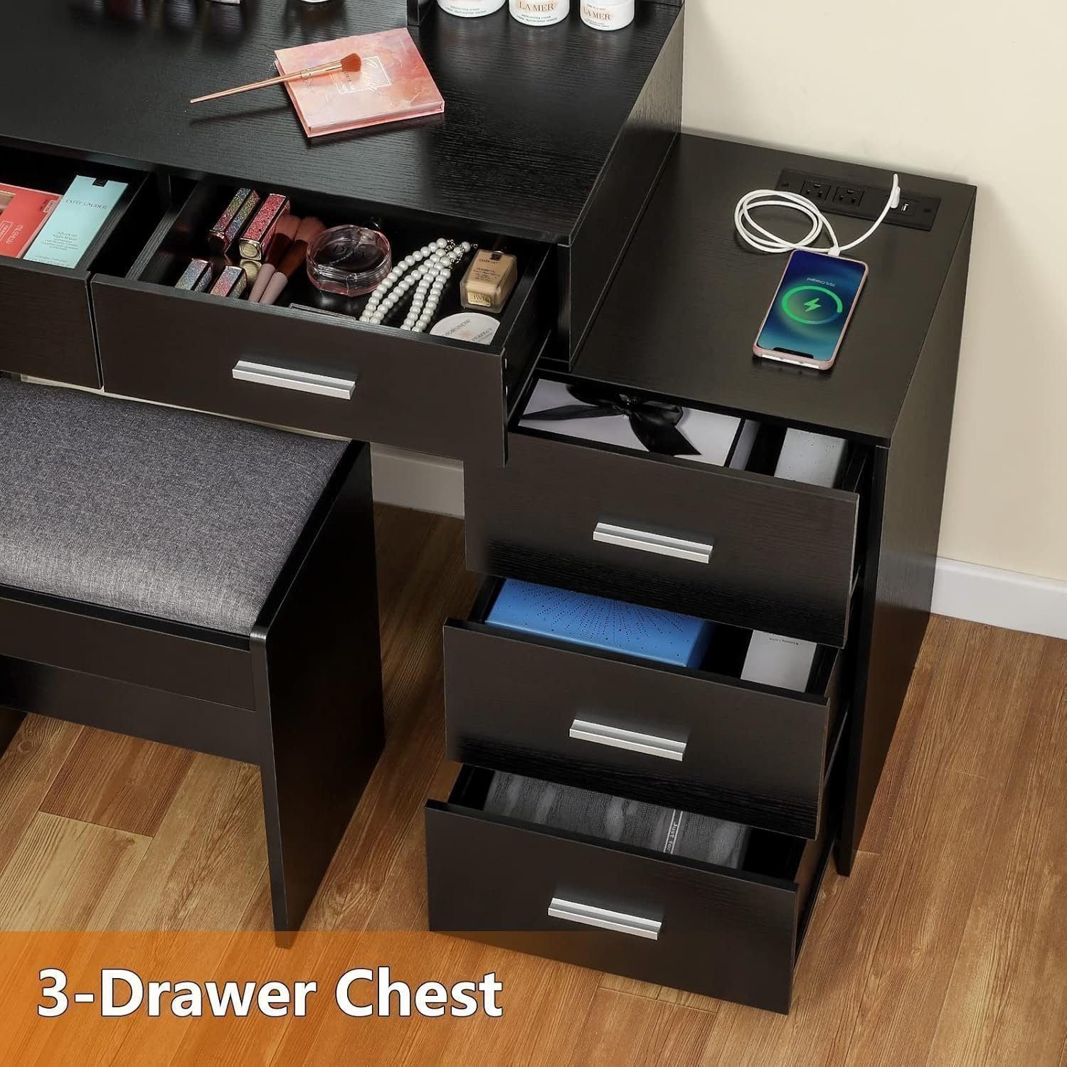 Large Vanity Desk with Mirror &amp; 10 LED Lights, Makeup Vanity Dressing Table with Power Strip