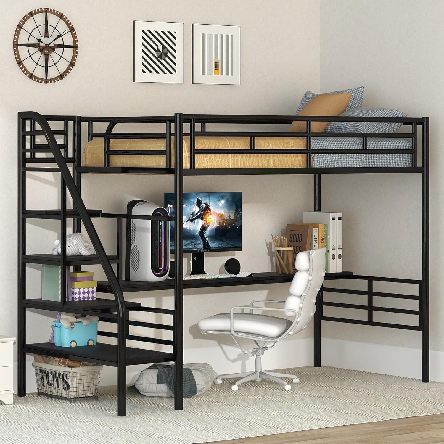 Twin Loft Bed with Desk and Storage Stairs, Heavy Duty Loft Bed with Atairs and Full-Length Guardrail