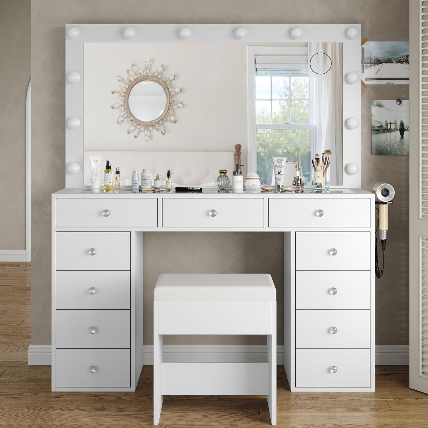 Vanity Desk &amp; Power Outl, Makeup Vanity with Mirror and 12 LED Lights, Makeup Table with 11 Drawers - White, 11 Drawer
