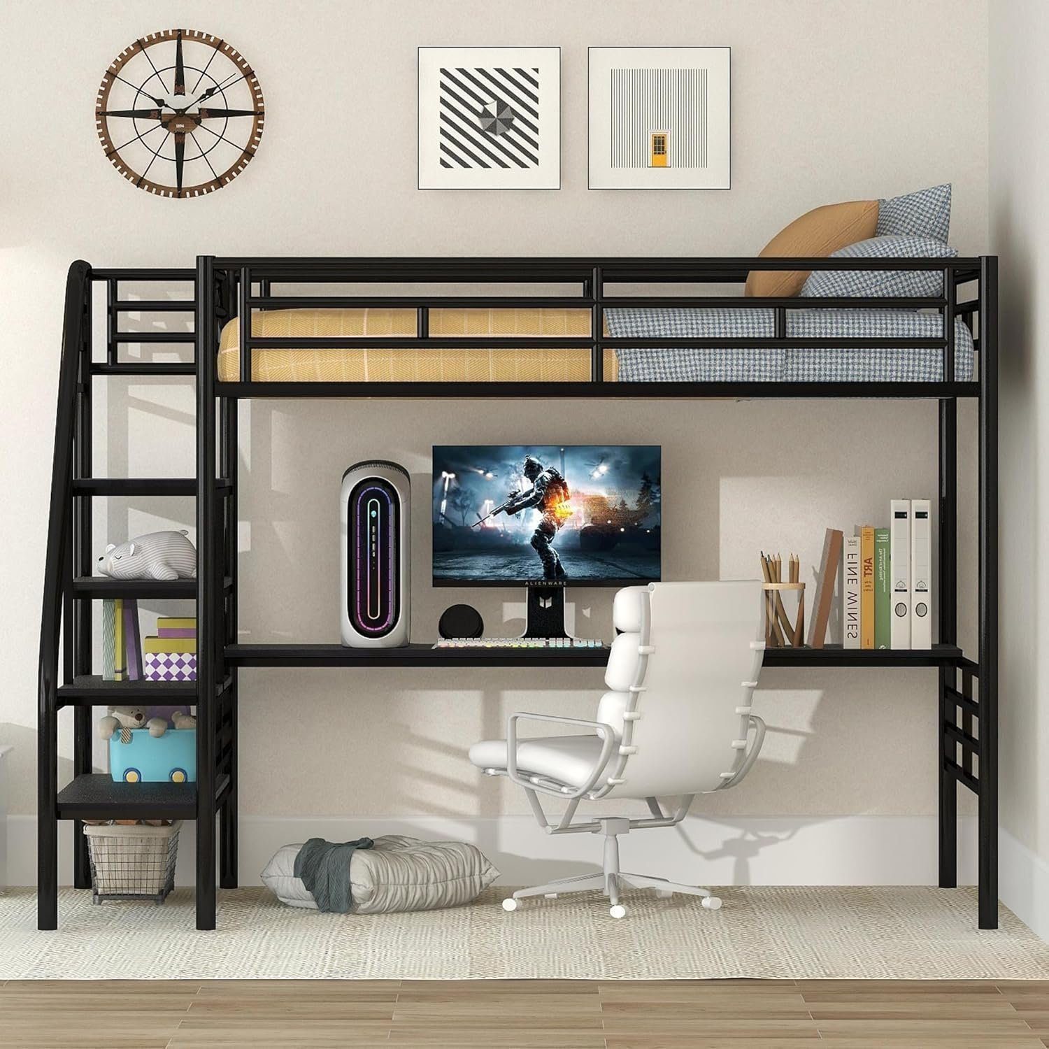 Twin Loft Bed with Desk and Storage Stairs, Heavy Duty Loft Bed with Atairs and Full-Length Guardrail