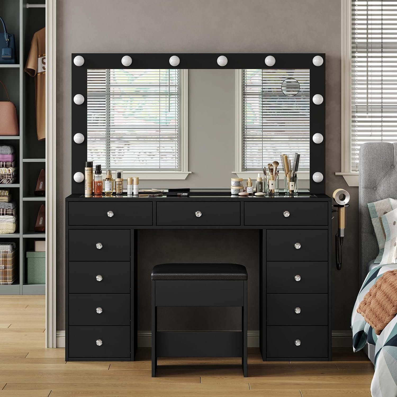 43'' W Vanity Desk with Power Outlet, Makeup Vanity with Lighted Mirror and 7 Drawers, 3 Colors Lighting Modes Vanity - Black, 11 Drawers