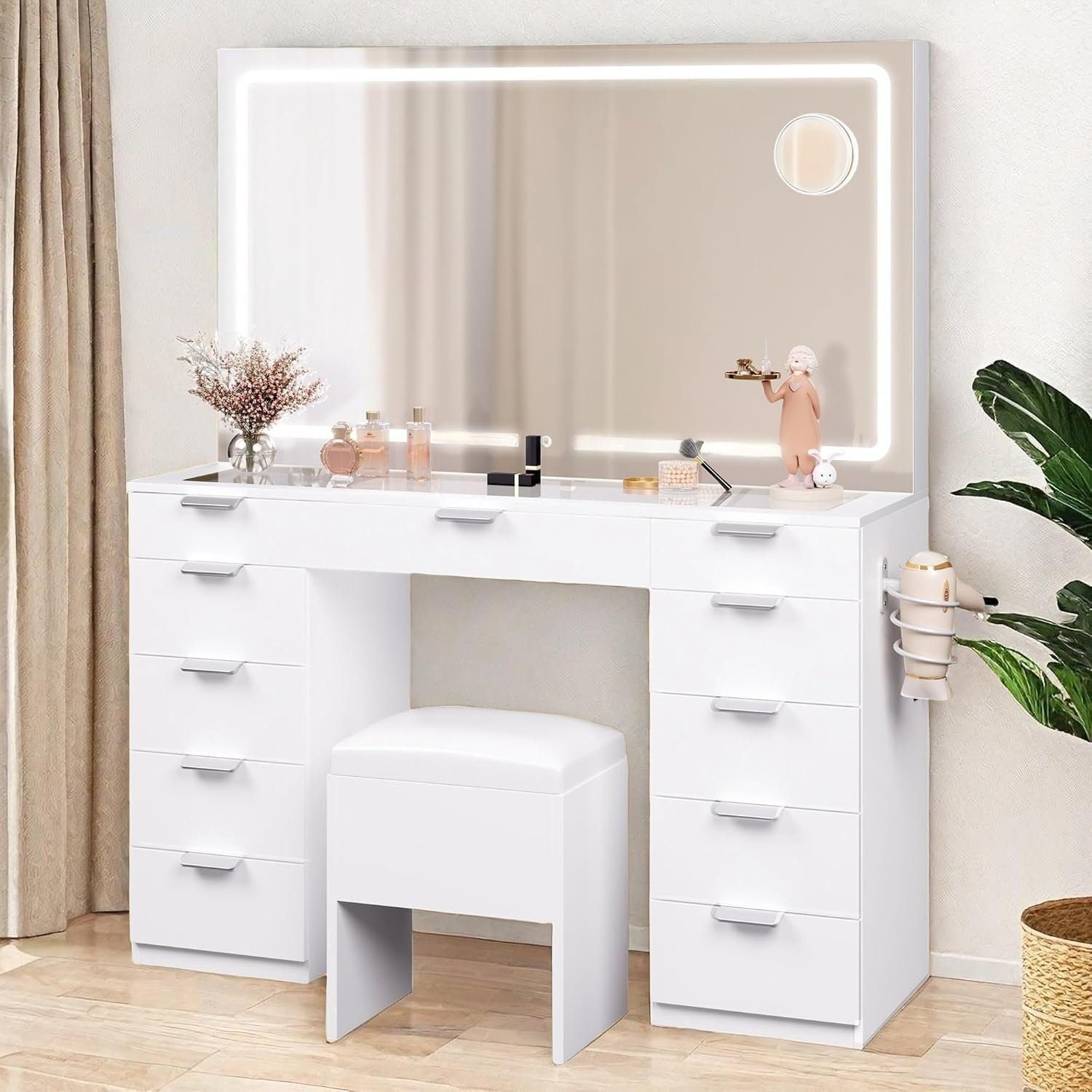 Makeup Vanity with Spacious LED-Lit Mirror Built-in Socket, Vanity Table with 11 Compartments and Magnifier - Snowy, LED Strip with Glass Top