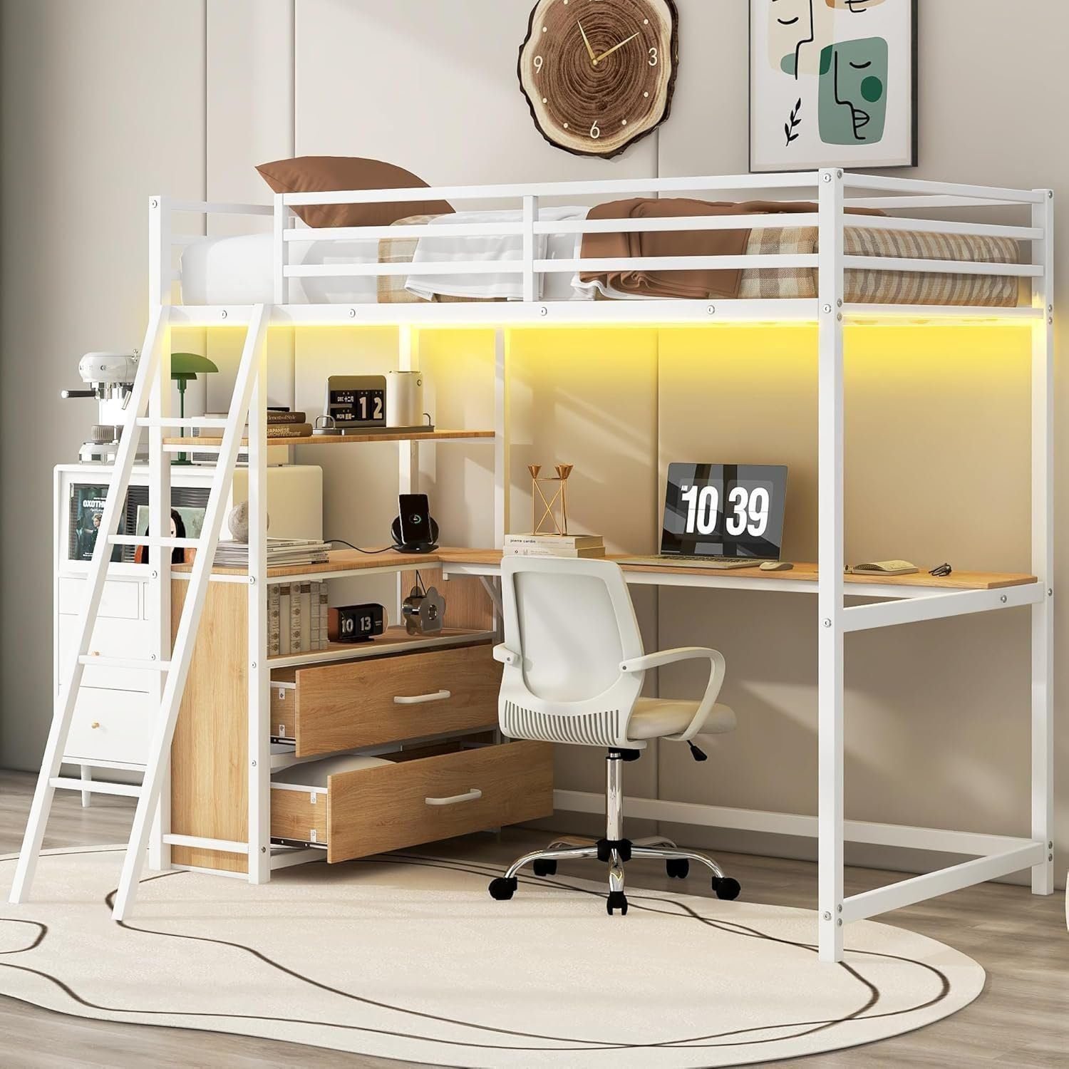Metal Twin Size Loft Bed with Desk and Storage Drawers,LED Loft Bed Twin with USB Charging Station,Heavy Duty Loft Bed Frame - Twin, White