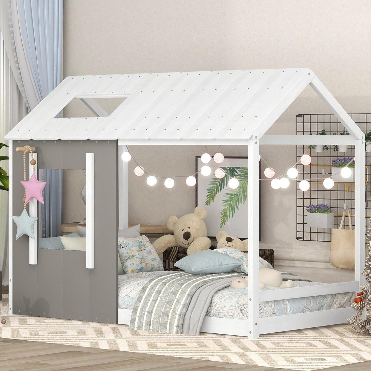 Twin Size Montessori Bed Frame, Twin Size House Floor Bed Frame with Headboard, Roof and Window - Twin, Grey Antique White