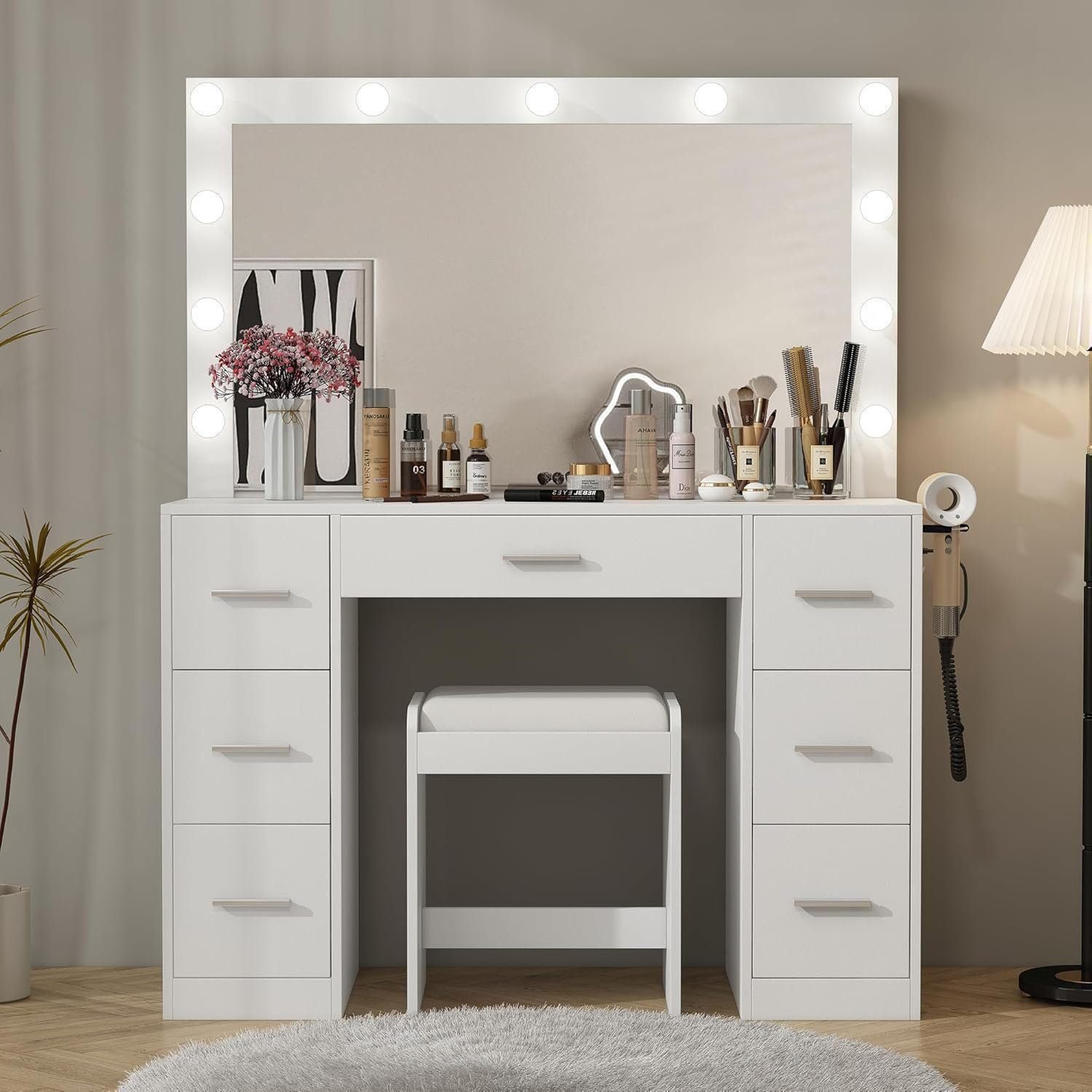 43'' W Vanity Desk with Power Outlet, Makeup Vanity with Lighted Mirror and 7 Drawers, 3 Colors Lighting Modes Vanity - White, 7 Drawers