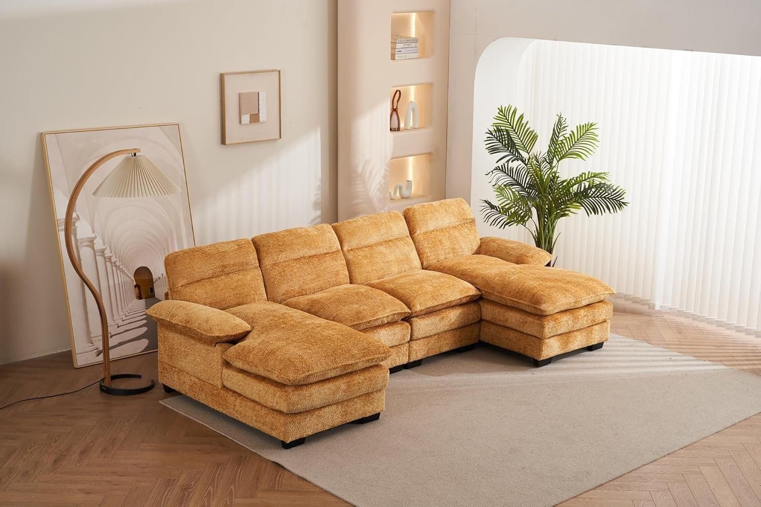 U Shaped Sectional Sofa,Modern Chenille Modular Sofa Sleeper with Double Cushions &amp; Chaise