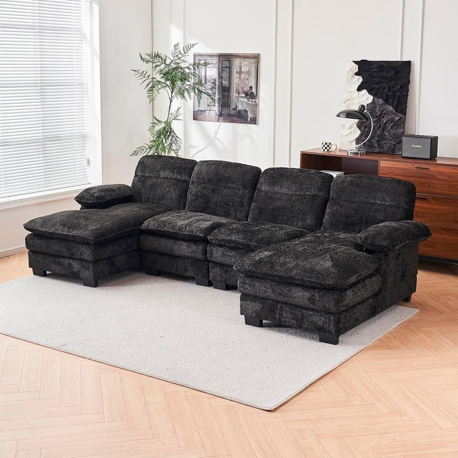U Shaped Sectional Sofa,Modern Chenille Modular Sofa Sleeper with Double Cushions &amp; Chaise - Black