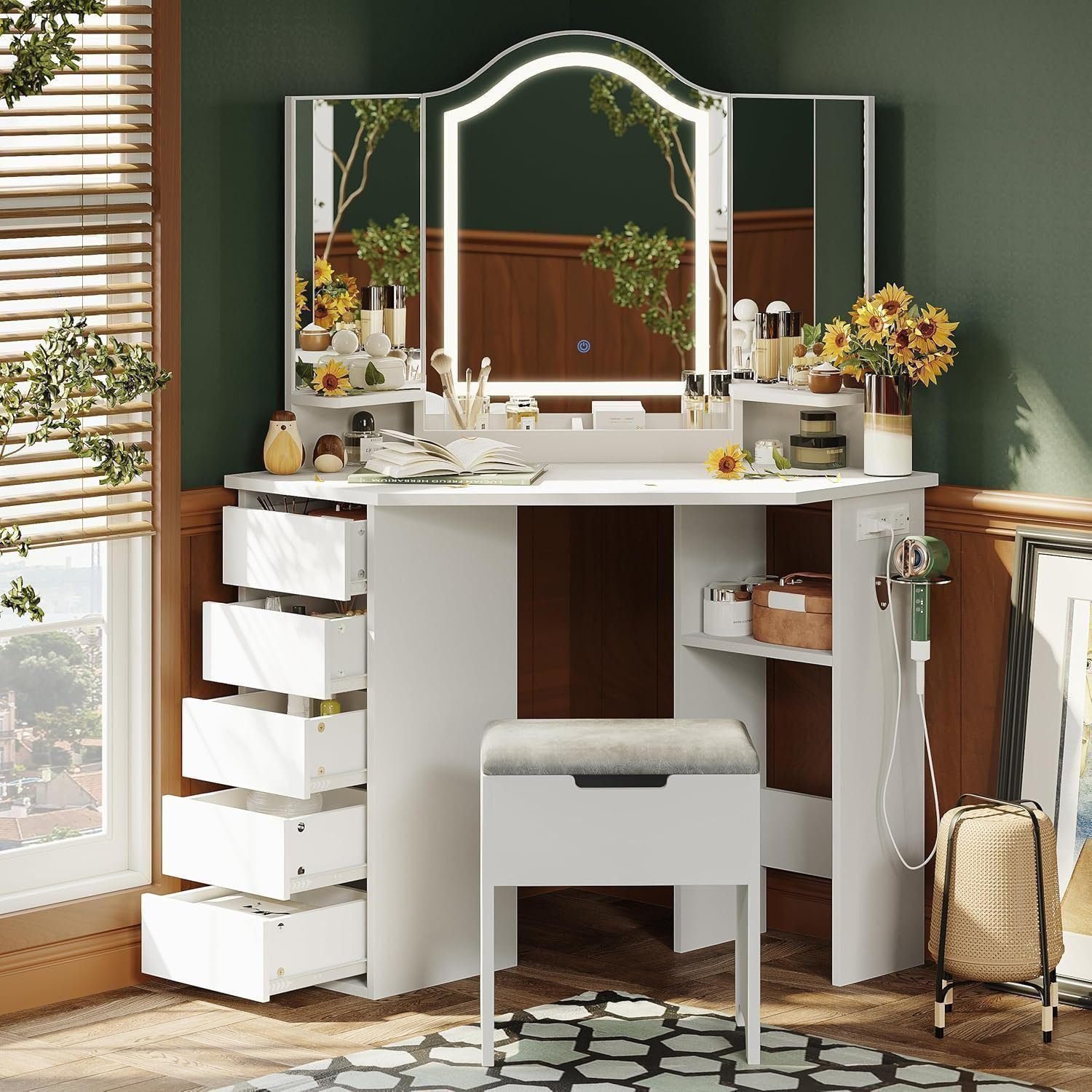 Vanity Desk with Mirror and Lights, Makeup Vanity Desk with Lights,3 Color Modes Adjustable - White, 5 Drawers Left Side