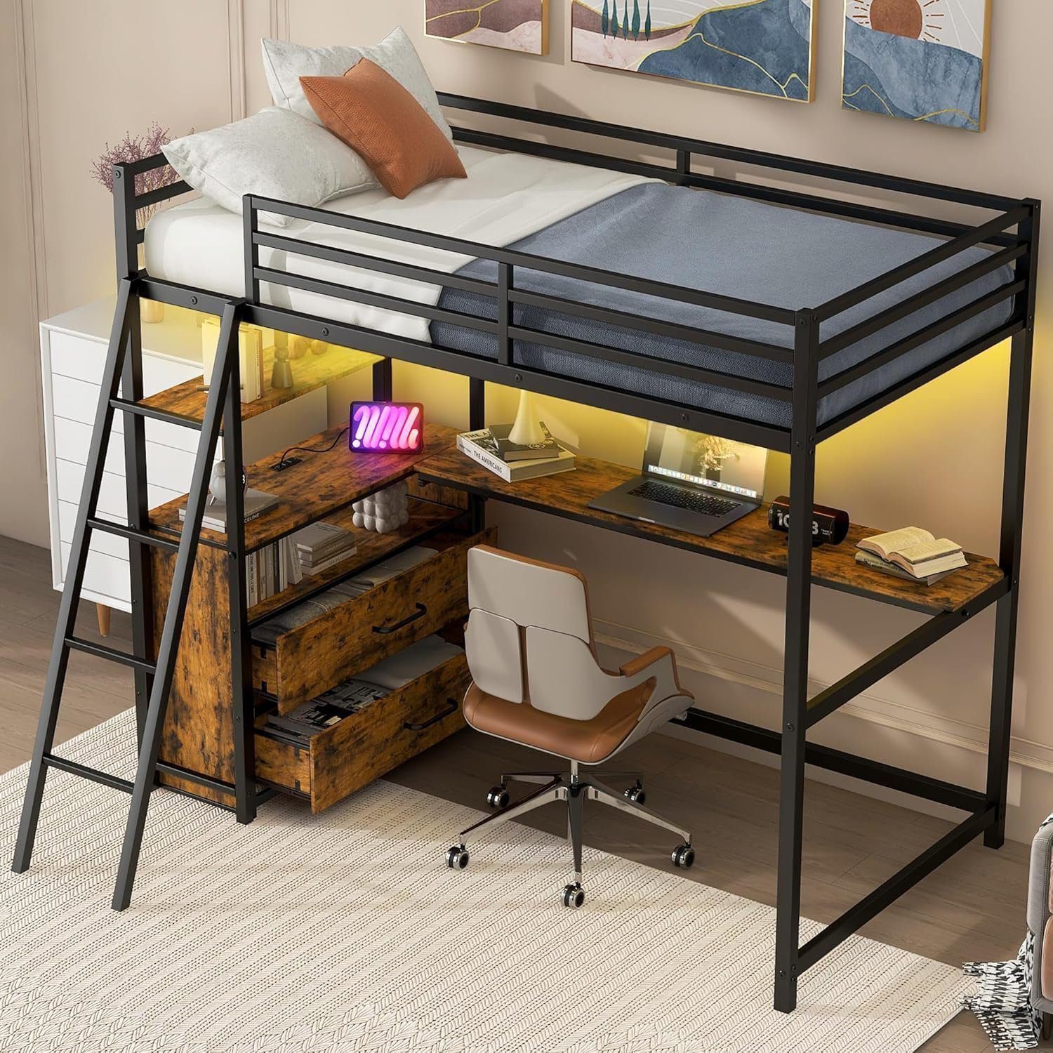 Metal Twin Size Loft Bed with Desk and Storage Drawers,LED Loft Bed Twin with USB Charging Station,Heavy Duty Loft Bed Frame
