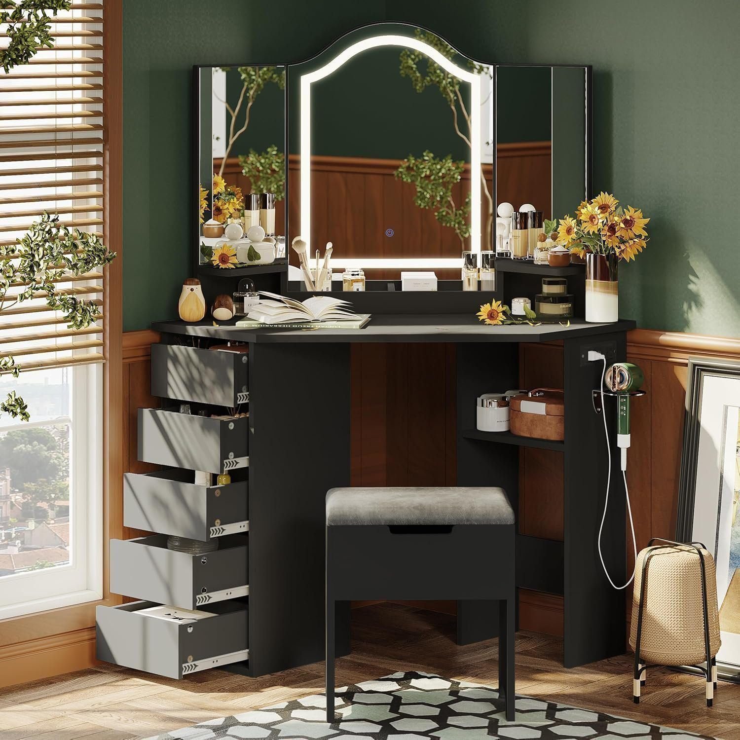 Vanity Desk with Mirror and Lights, Makeup Vanity Desk with Lights,3 Color Modes Adjustable - Black, 5 Drawers Left Side