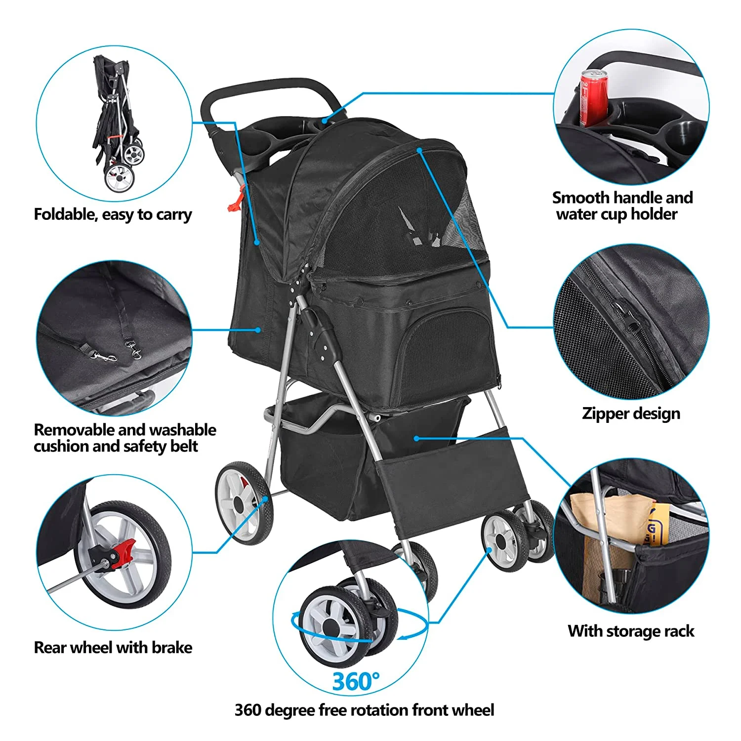 Foldable Pet Stroller,Cat/Dog Stroller with 4 Wheel,Pet Travel Carrier Strolling Cart with Storage Basket,Cup Holder,Black