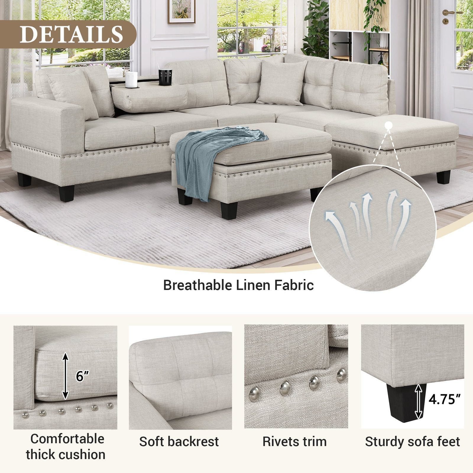 Euroco Modern Sectional Sofa with Storage Ottoman, L-Shape Couch with 2 Pillows and Cup Holder