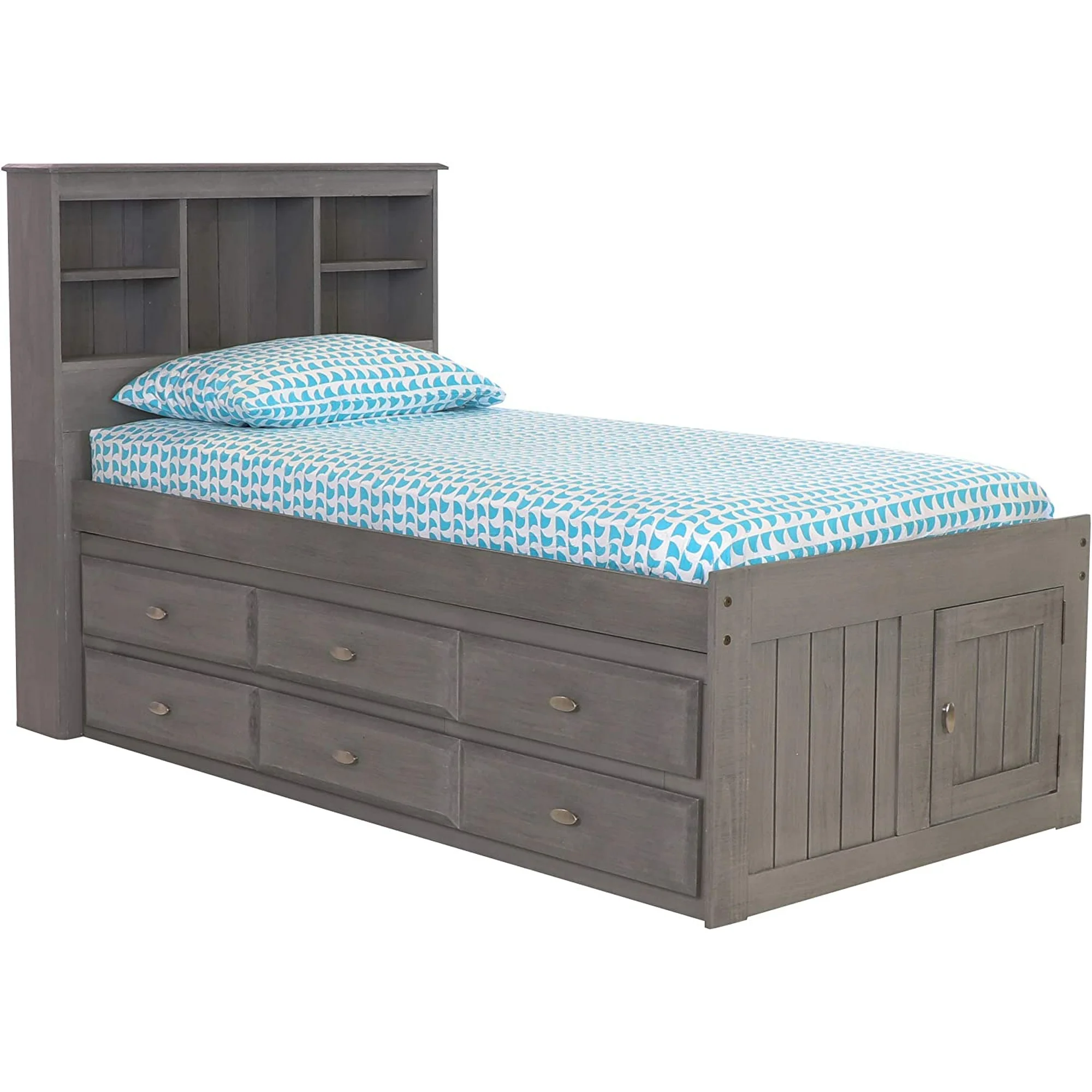 Twin Size Bed Frame with Headboard Bookcase & 6 Drawers
