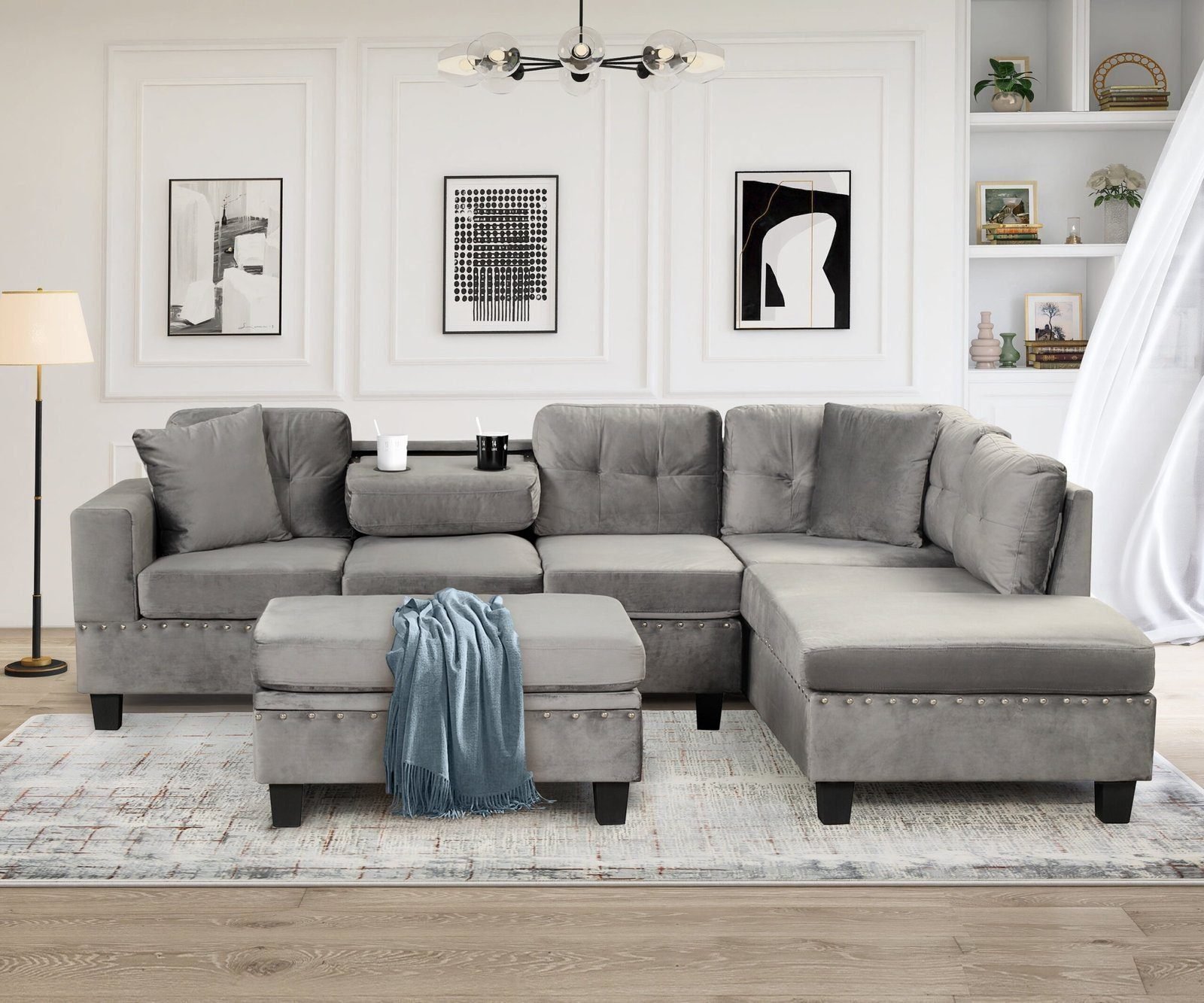 Euroco Modern Sectional Sofa with Storage Ottoman, L-Shape Couch with 2 Pillows and Cup Holder