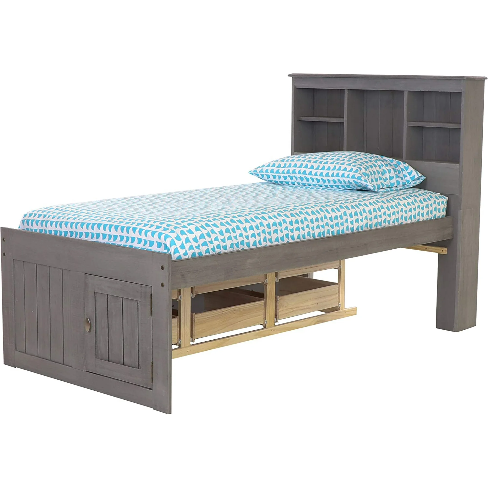 Twin Size Bed Frame with Headboard Bookcase & 6 Drawers