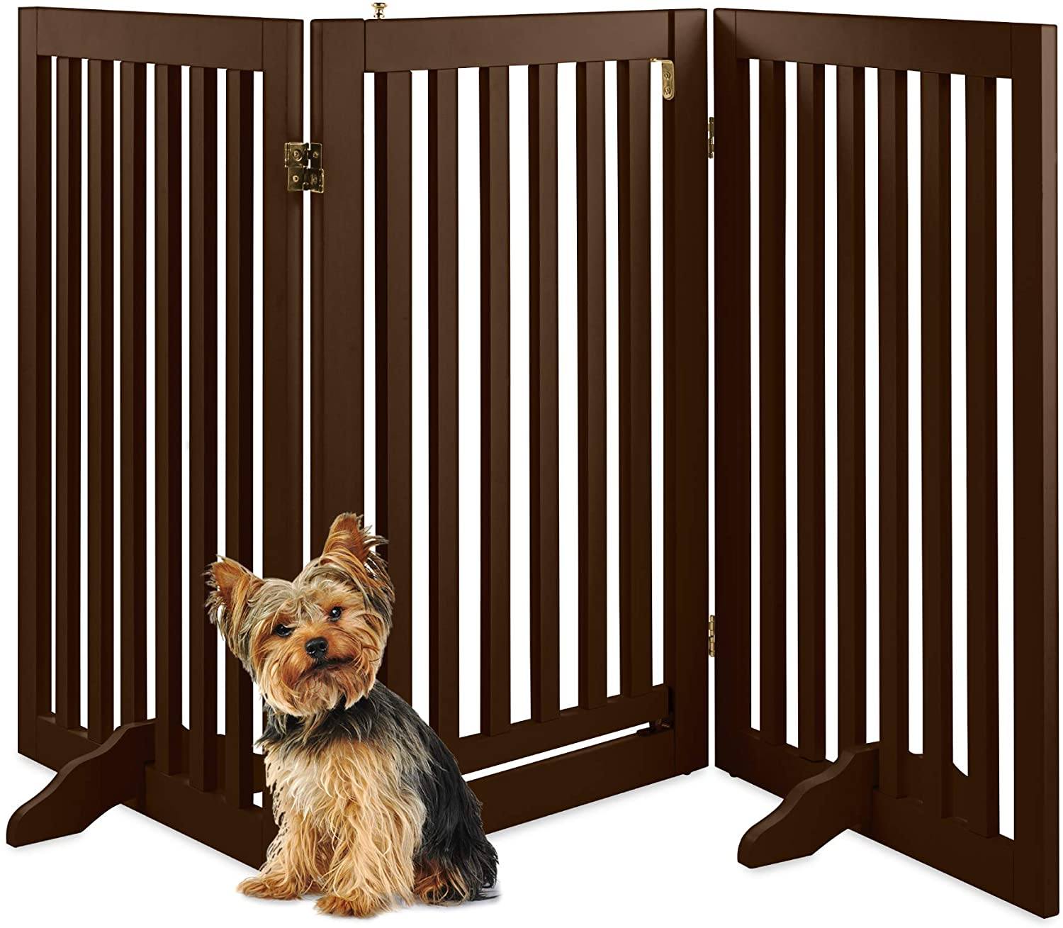 3-Panel Freestanding Wooden Pet Gate w/Walk Through Door