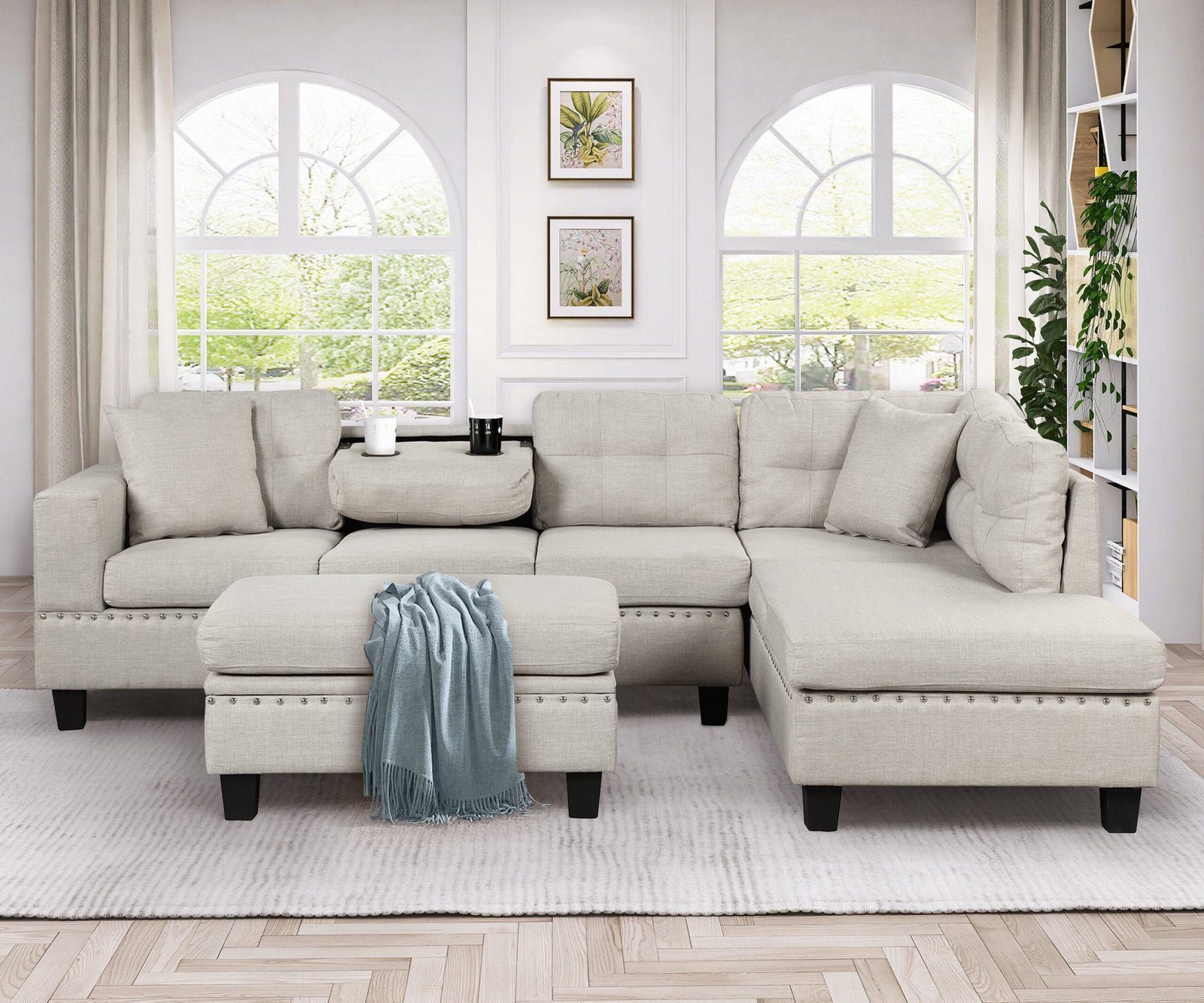 Euroco Modern Sectional Sofa with Storage Ottoman, L-Shape Couch with 2 Pillows and Cup Holder