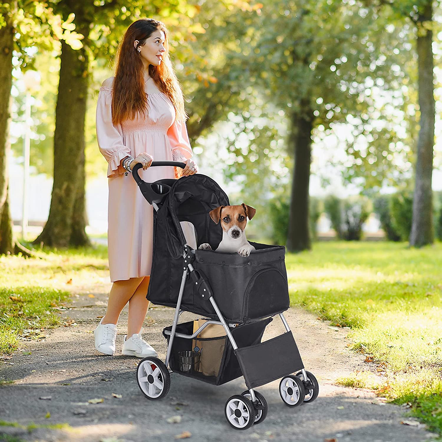 Foldable Pet Stroller,Cat/Dog Stroller with 4 Wheel,Pet Travel Carrier Strolling Cart with Storage Basket,Cup Holder,Black