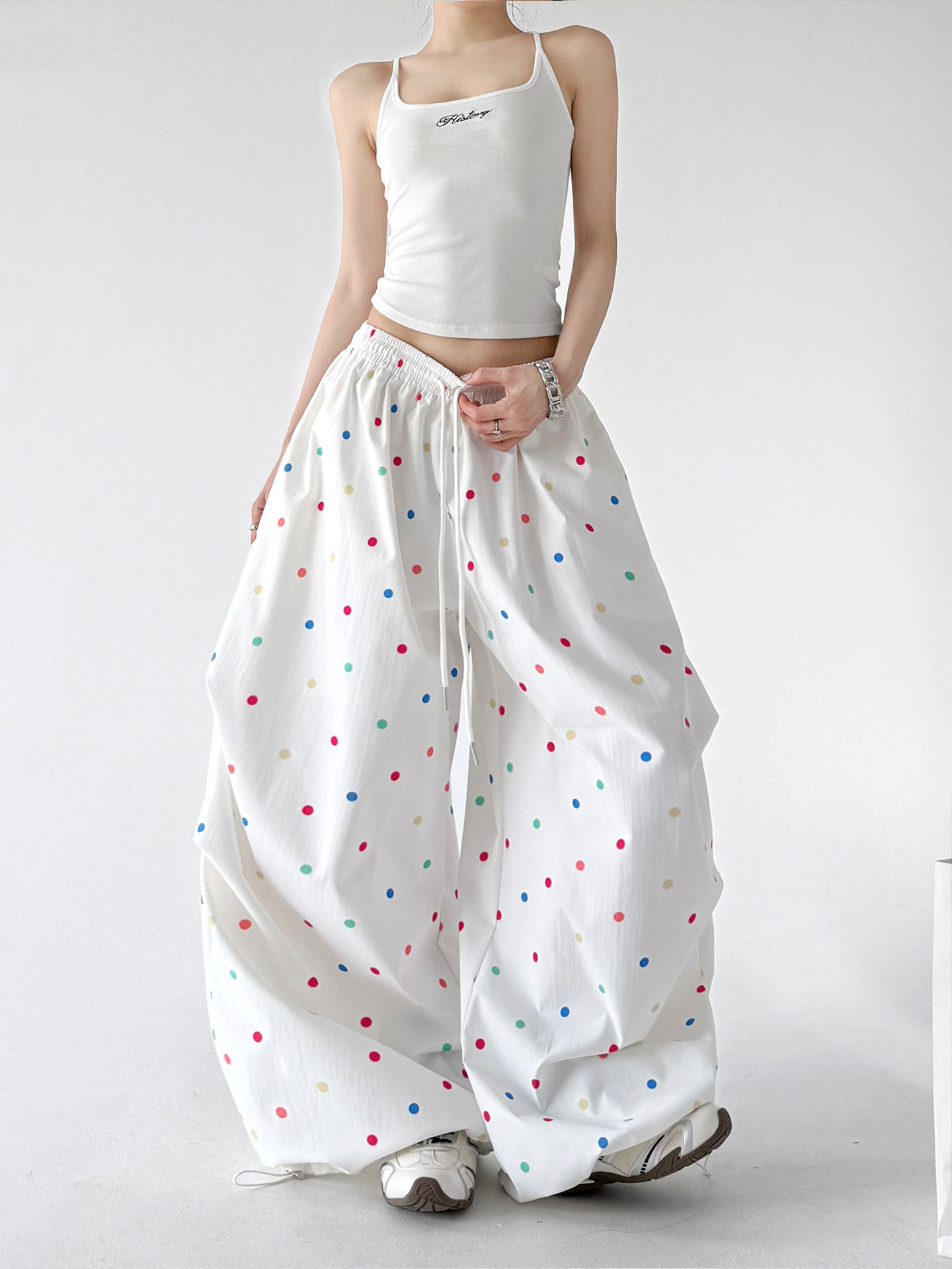 Dopamine Polka Dot Wide Leg Pants, White Casual Trousers