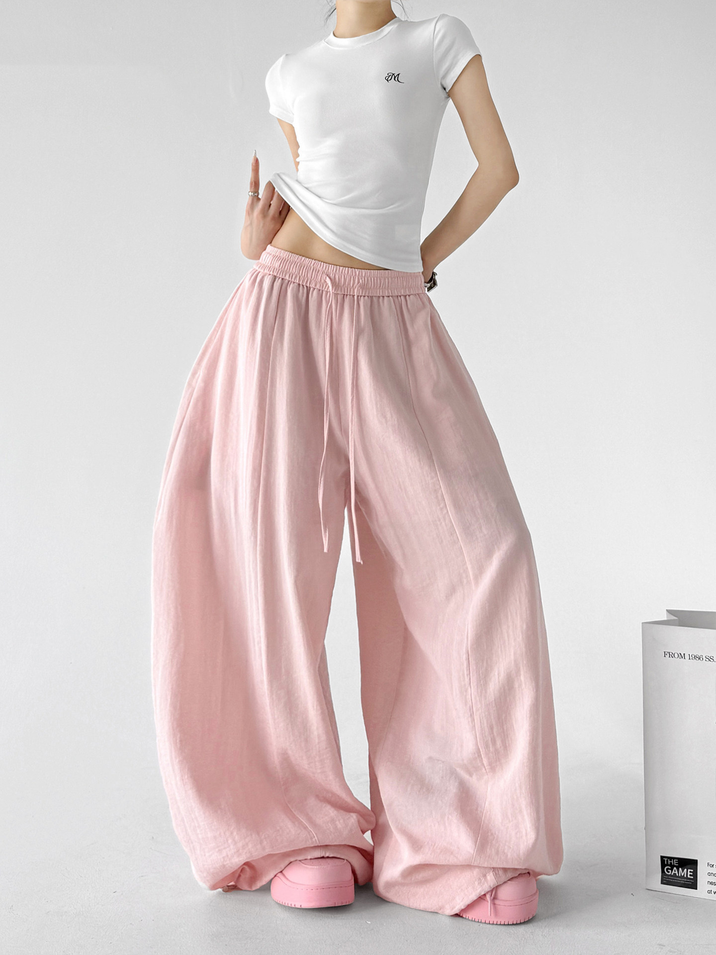 Lazy High Waist Linen Wide Leg Pants, Pink&White Drape Trousers