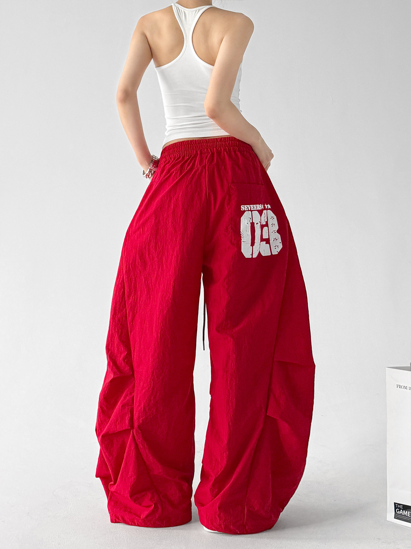 American Street Print Wide Leg Pants, Red Curved Trousers