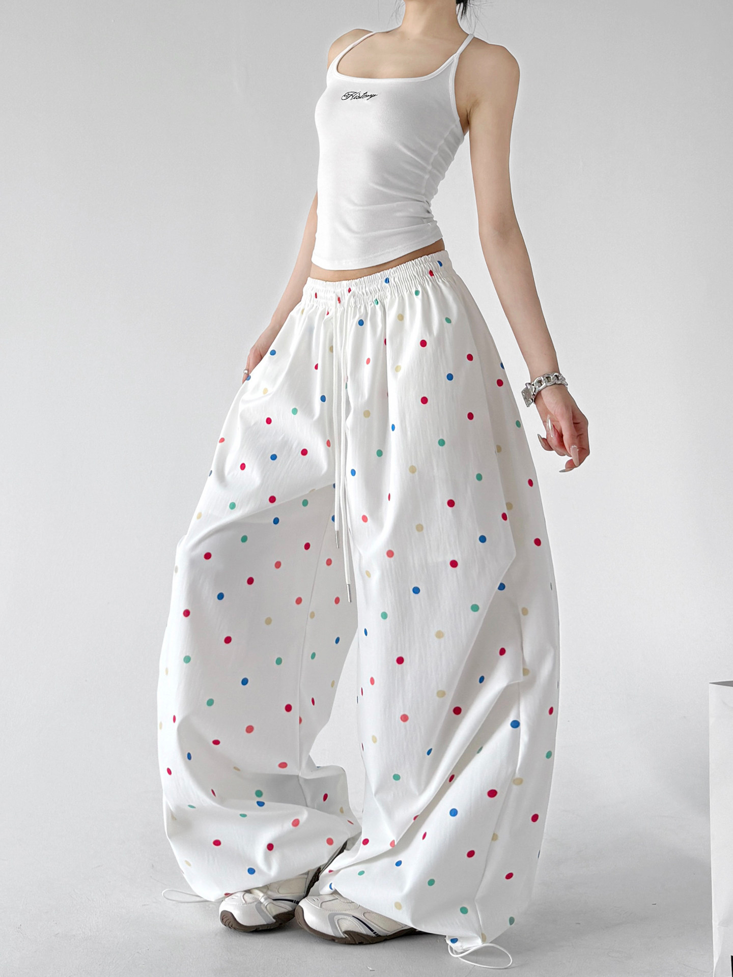 Dopamine Polka Dot Wide Leg Pants, White Casual Trousers