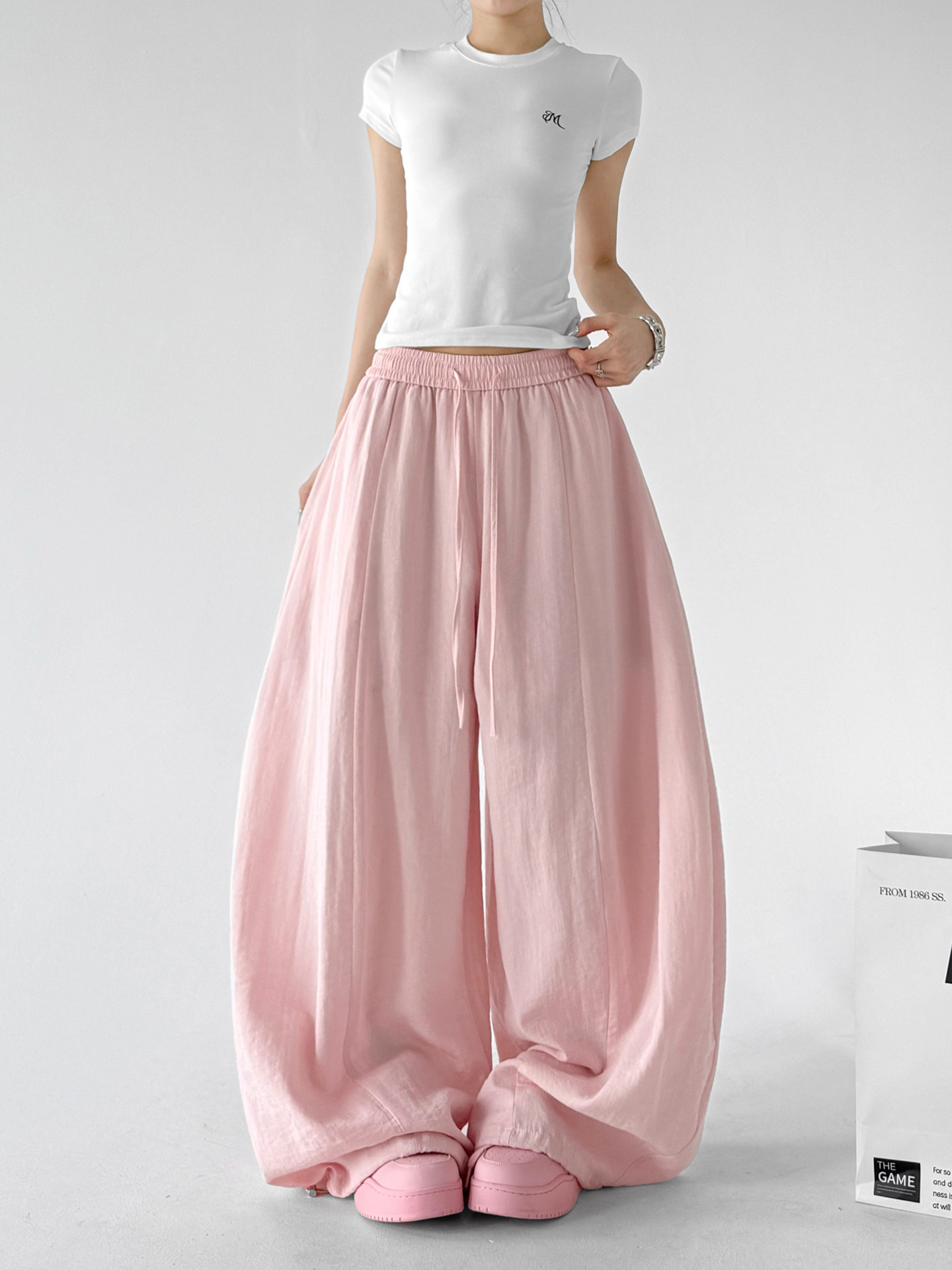 Lazy High Waist Linen Wide Leg Pants, Pink&White Drape Trousers