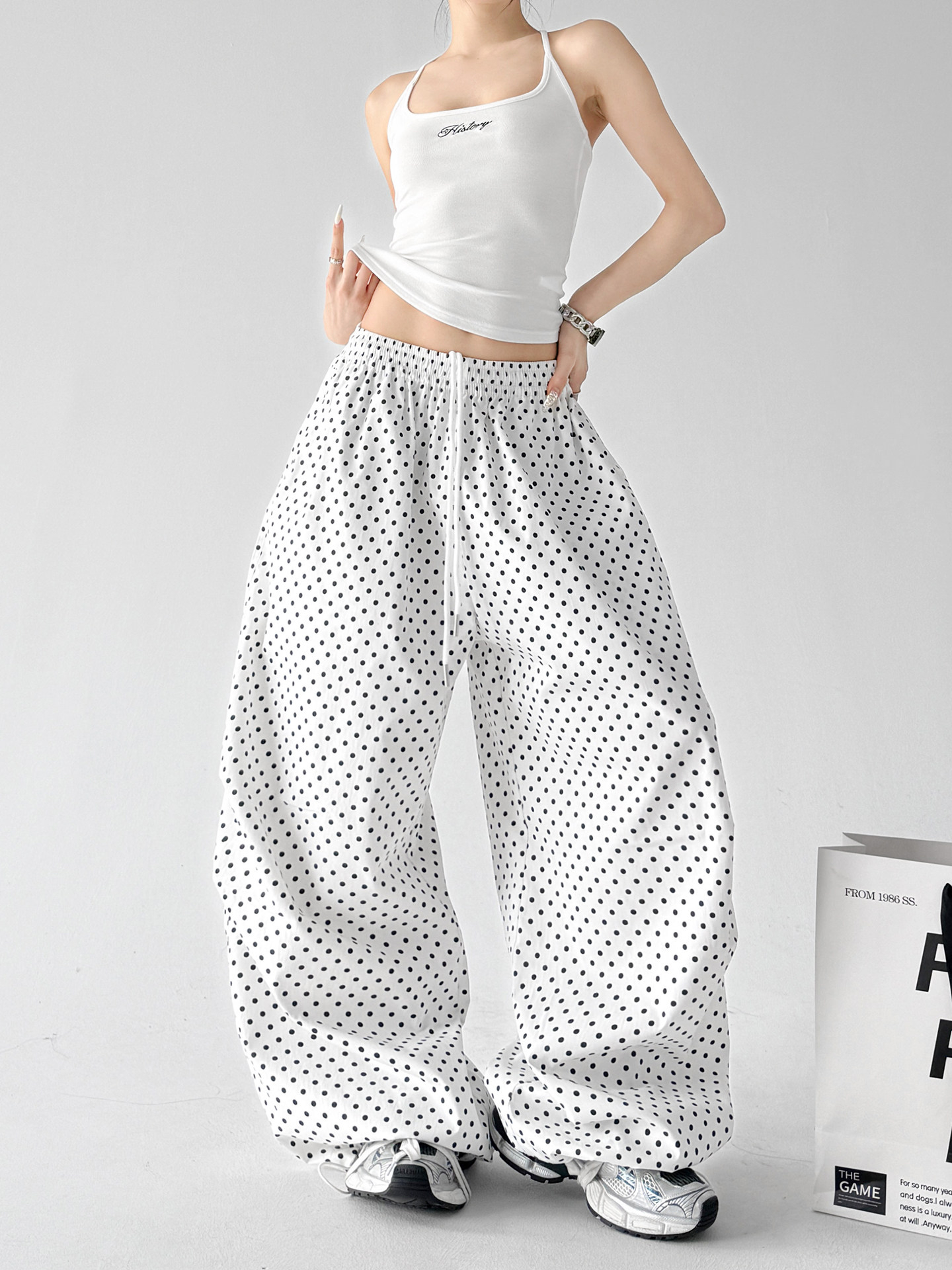 White Polka Dot Quick Dry Lazy Wide Leg Pants