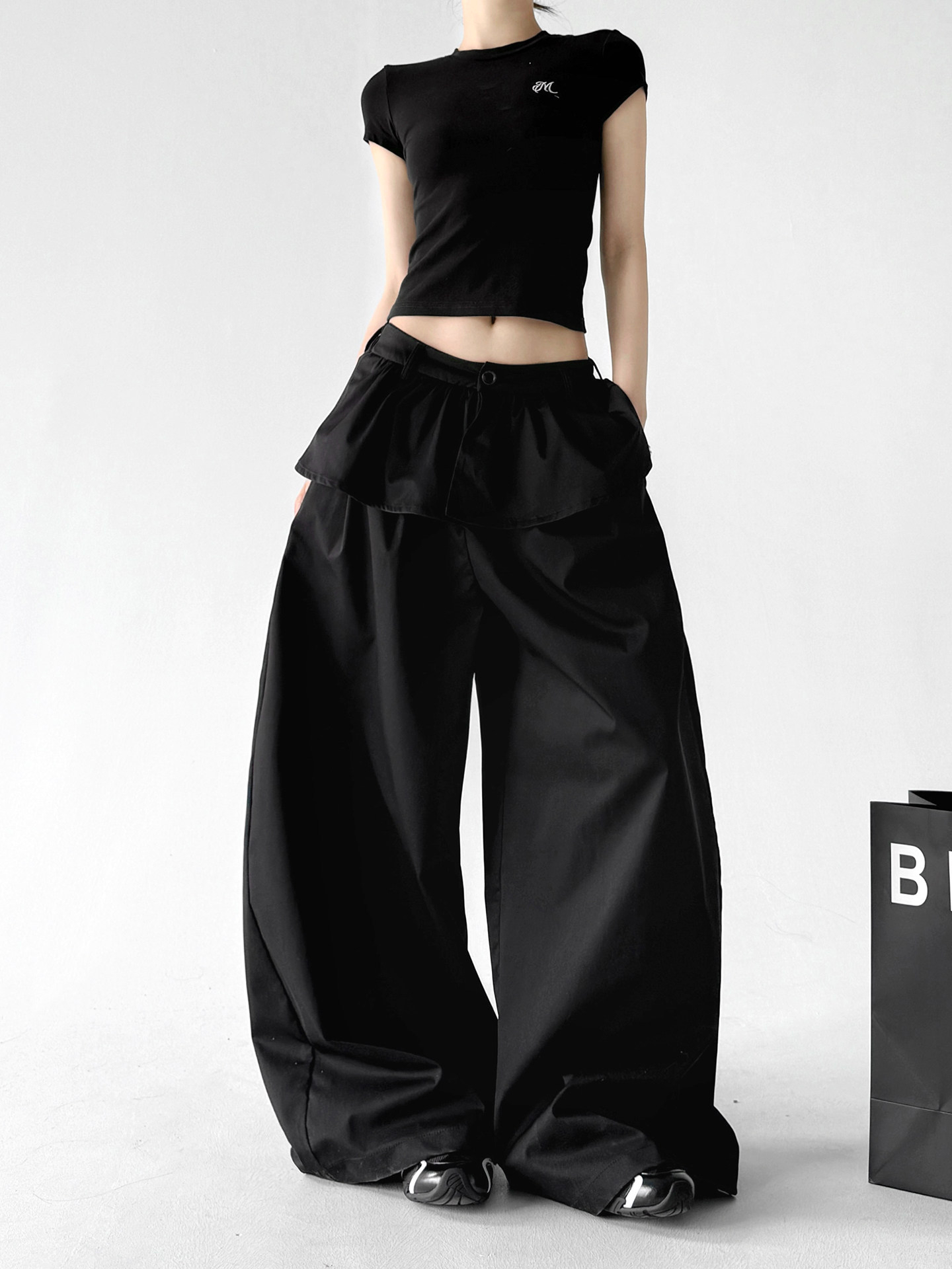 Black Ruffle Fake Two-Piece Loose Wide Leg Skirt Pants
