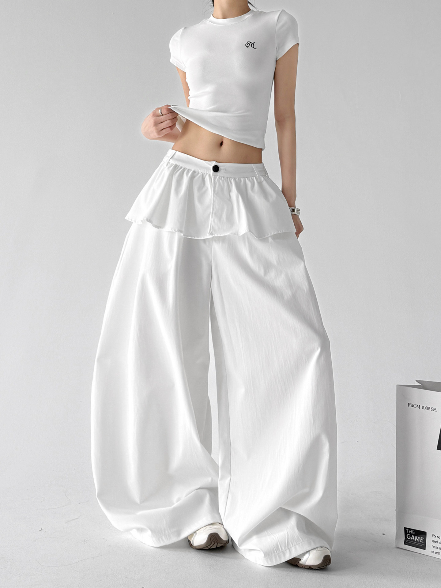 White Ruffle Fake Two-Piece Loose Wide Leg Skirt Pants